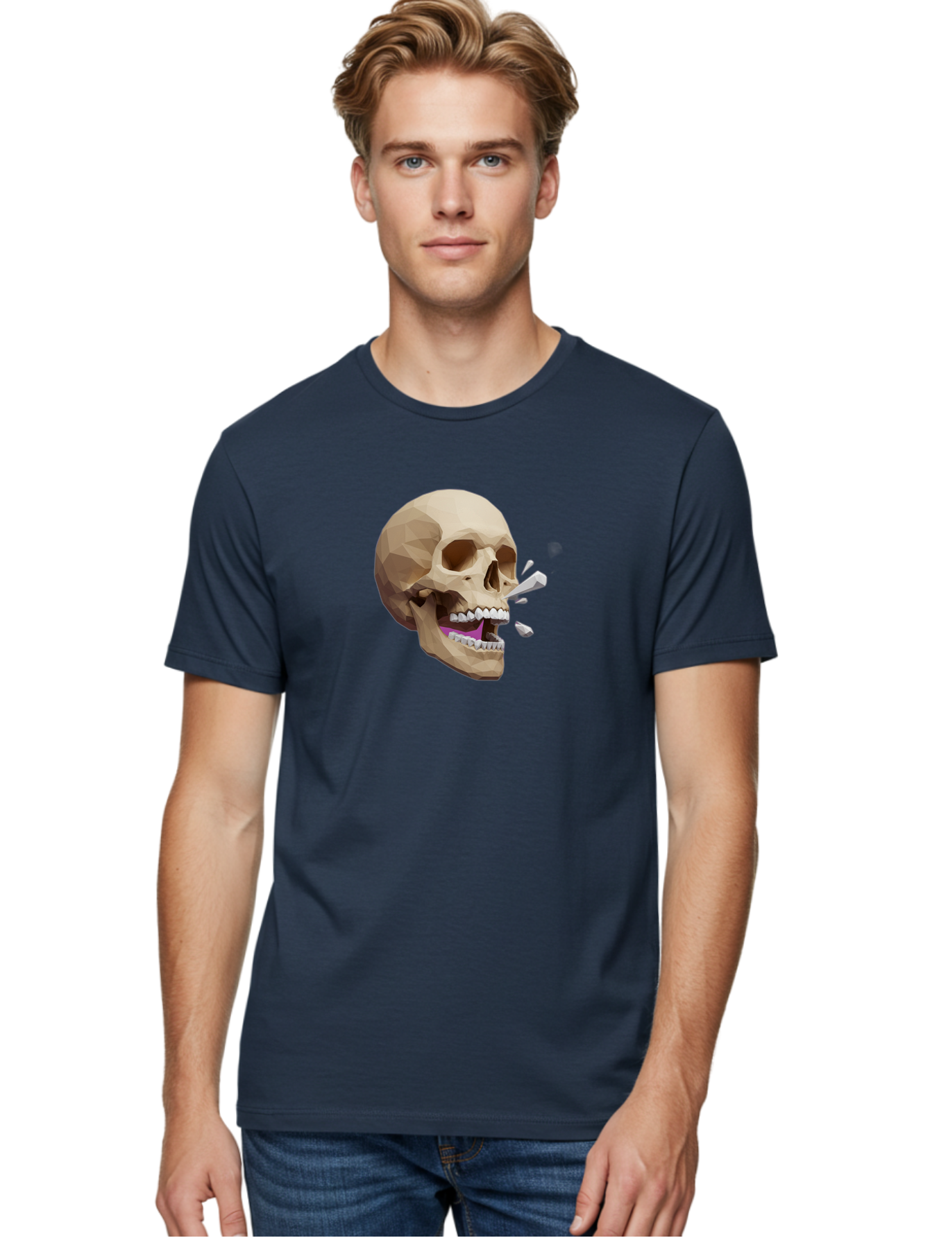 Geometric-Skull Men'S Graphic Tee, 100% Cotton, Comfortable Casual Summer Wear, Machine Washable, Low Poly Skull, 3D Art, Digital Illustration, Broken Tooth, Exploding Tooth, Human Skull, Anatomical Art, Polygon Art, Modern Design, Bad132 30