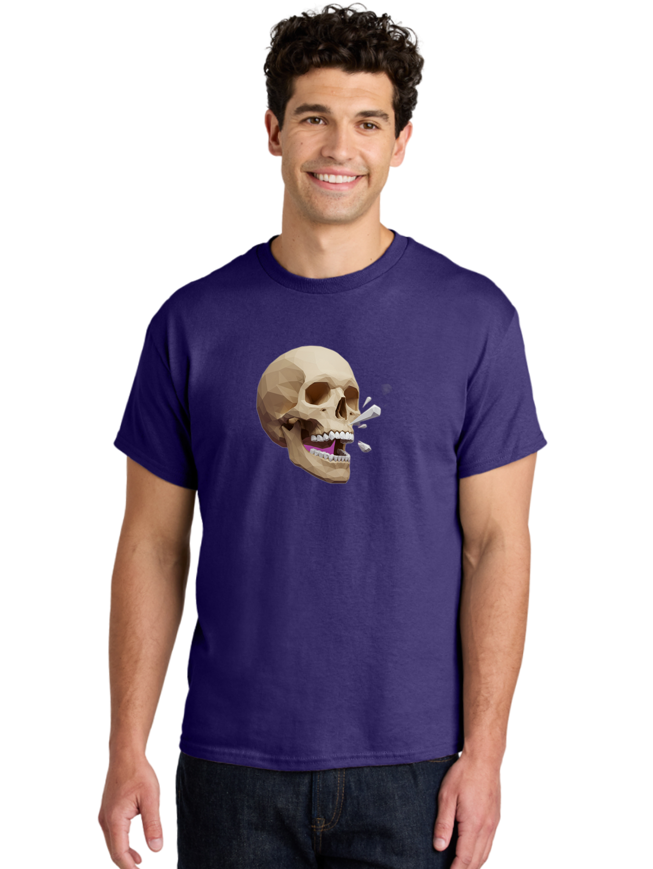 Geometric-Skull Men'S Graphic Tee, 100% Cotton, Comfortable Casual Summer Wear, Machine Washable, Low Poly Skull, 3D Art, Digital Illustration, Broken Tooth, Exploding Tooth, Human Skull, Anatomical Art, Polygon Art, Modern Design, Bad132 29