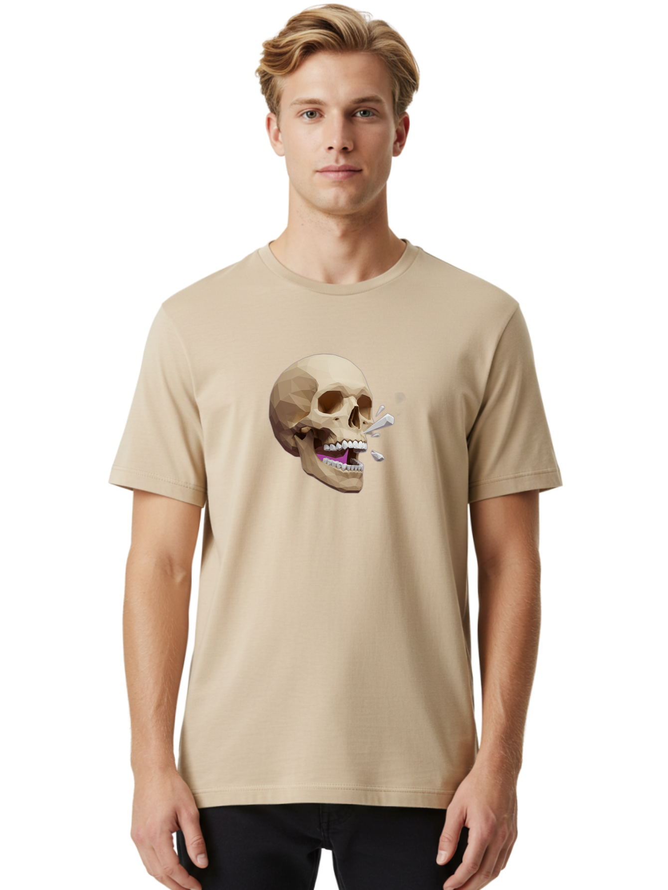 Geometric-Skull Men'S Graphic Tee, 100% Cotton, Comfortable Casual Summer Wear, Machine Washable, Low Poly Skull, 3D Art, Digital Illustration, Broken Tooth, Exploding Tooth, Human Skull, Anatomical Art, Polygon Art, Modern Design, Bad132 19