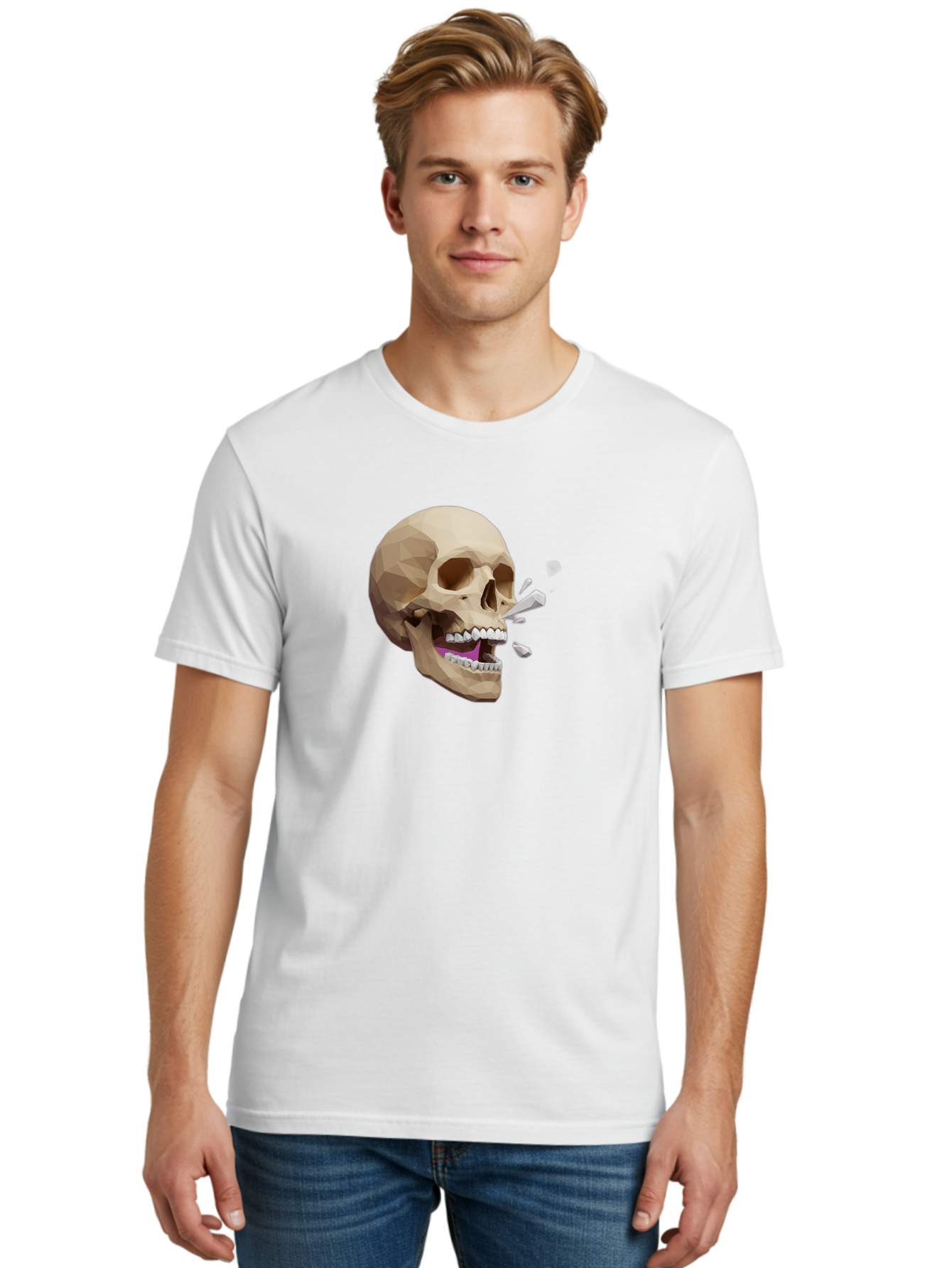 Geometric-Skull Men'S Graphic Tee, 100% Cotton, Comfortable Casual Summer Wear, Machine Washable, Low Poly Skull, 3D Art, Digital Illustration, Broken Tooth, Exploding Tooth, Human Skull, Anatomical Art, Polygon Art, Modern Design, Bad132 27