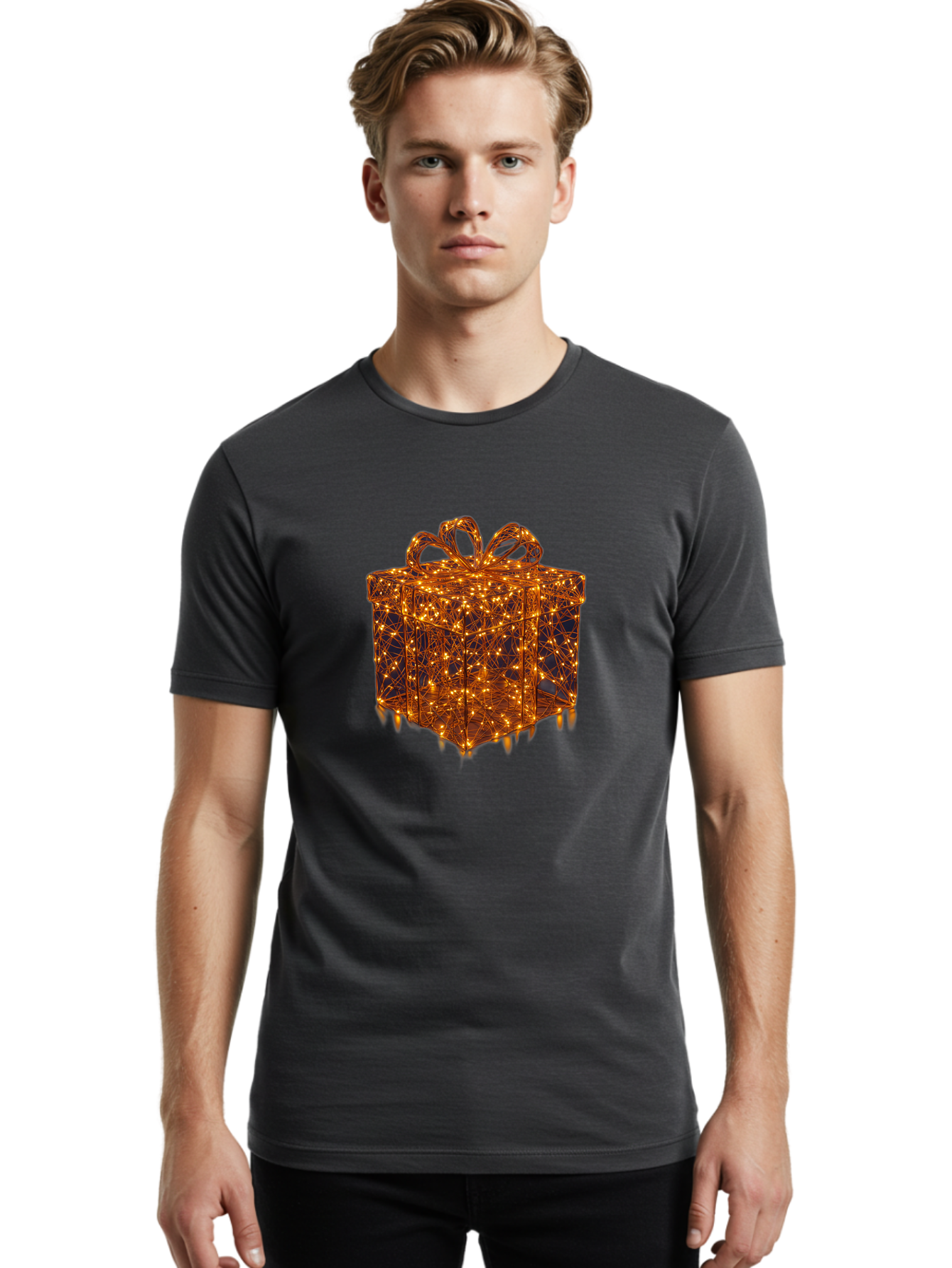Gift-Box Men'S Graphic Tee, 100% Cotton, Comfortable Casual Summer Wear, Machine Washable, Gold Gift Box, Festive Lights, Holiday Decorations, Wrapped Present, Glowing Ribbon, Celebratory Gift, Christmas Gift, Shiny Lights Bad145 24