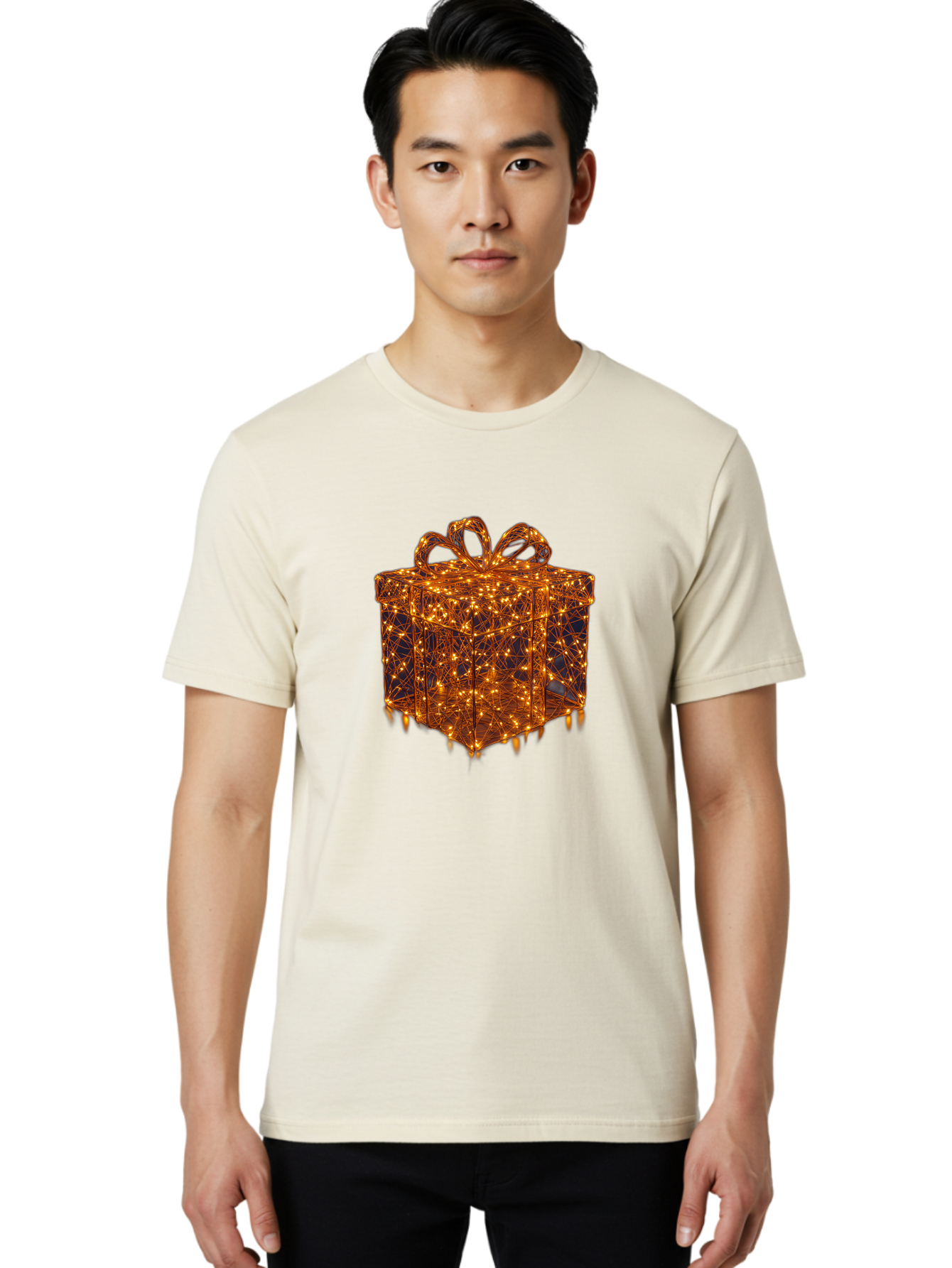 Gift-Box Men'S Graphic Tee, 100% Cotton, Comfortable Casual Summer Wear, Machine Washable, Gold Gift Box, Festive Lights, Holiday Decorations, Wrapped Present, Glowing Ribbon, Celebratory Gift, Christmas Gift, Shiny Lights Bad145 25