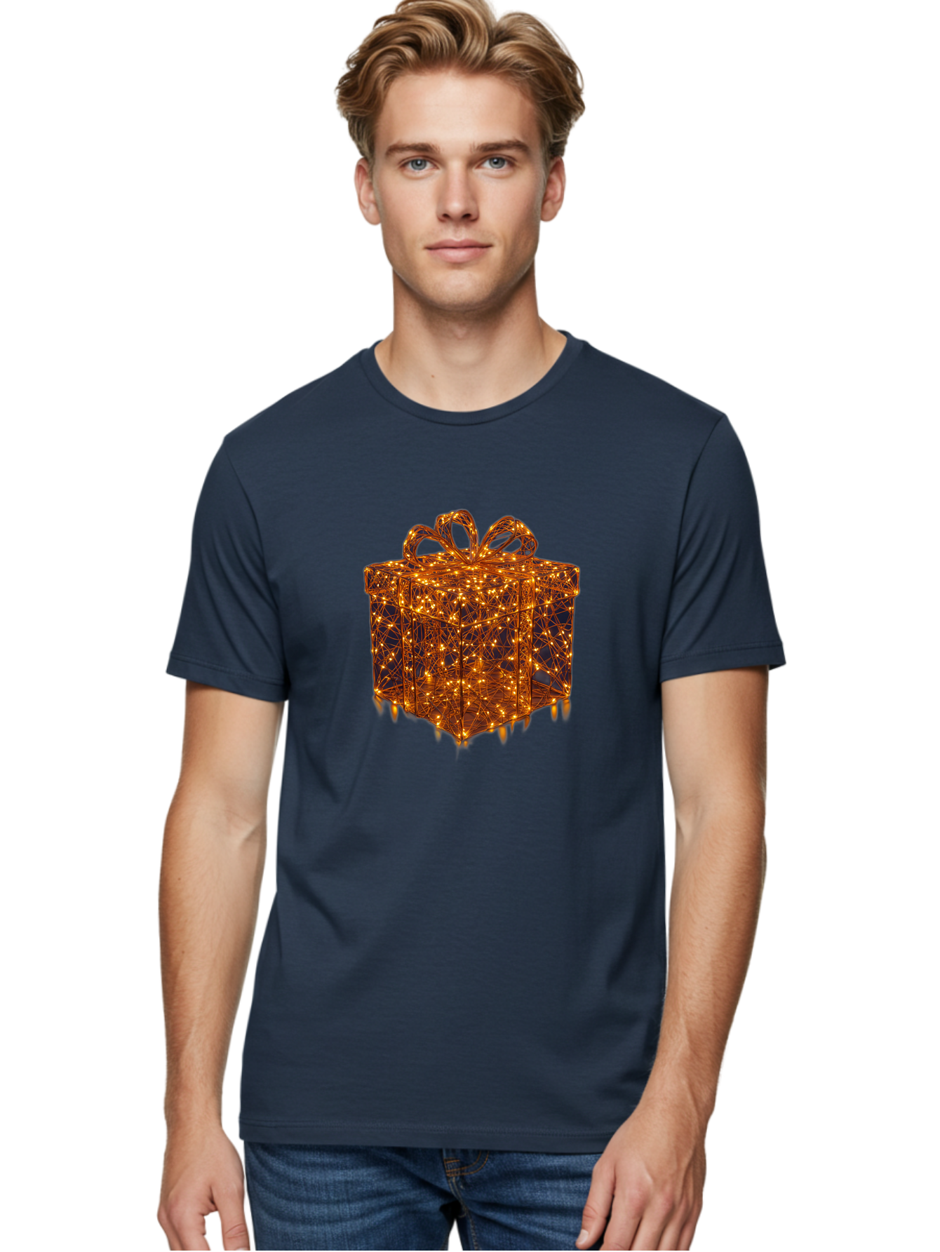 Gift-Box Men'S Graphic Tee, 100% Cotton, Comfortable Casual Summer Wear, Machine Washable, Gold Gift Box, Festive Lights, Holiday Decorations, Wrapped Present, Glowing Ribbon, Celebratory Gift, Christmas Gift, Shiny Lights Bad145 23