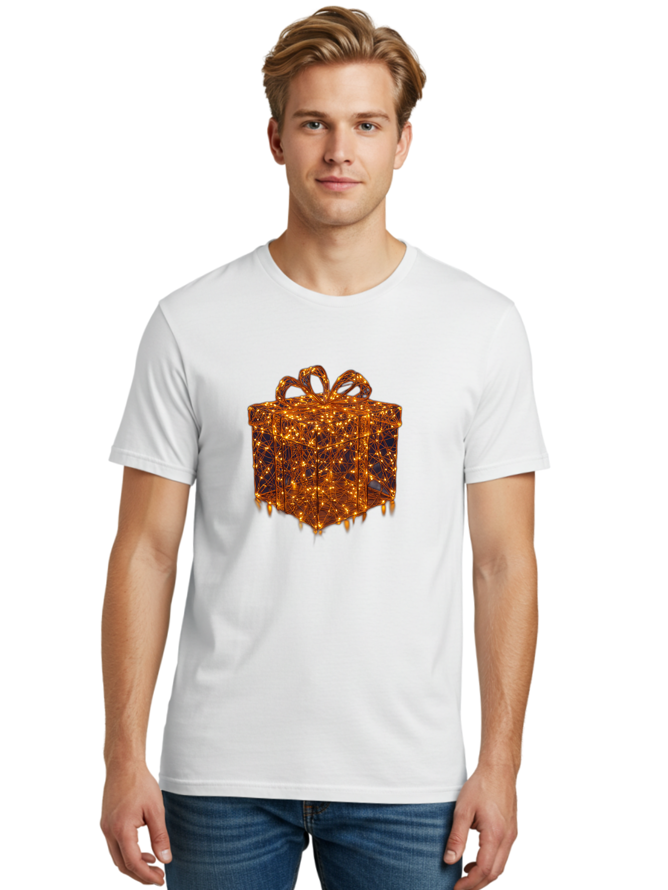 Gift-Box Men'S Graphic Tee, 100% Cotton, Comfortable Casual Summer Wear, Machine Washable, Gold Gift Box, Festive Lights, Holiday Decorations, Wrapped Present, Glowing Ribbon, Celebratory Gift, Christmas Gift, Shiny Lights Bad145 27