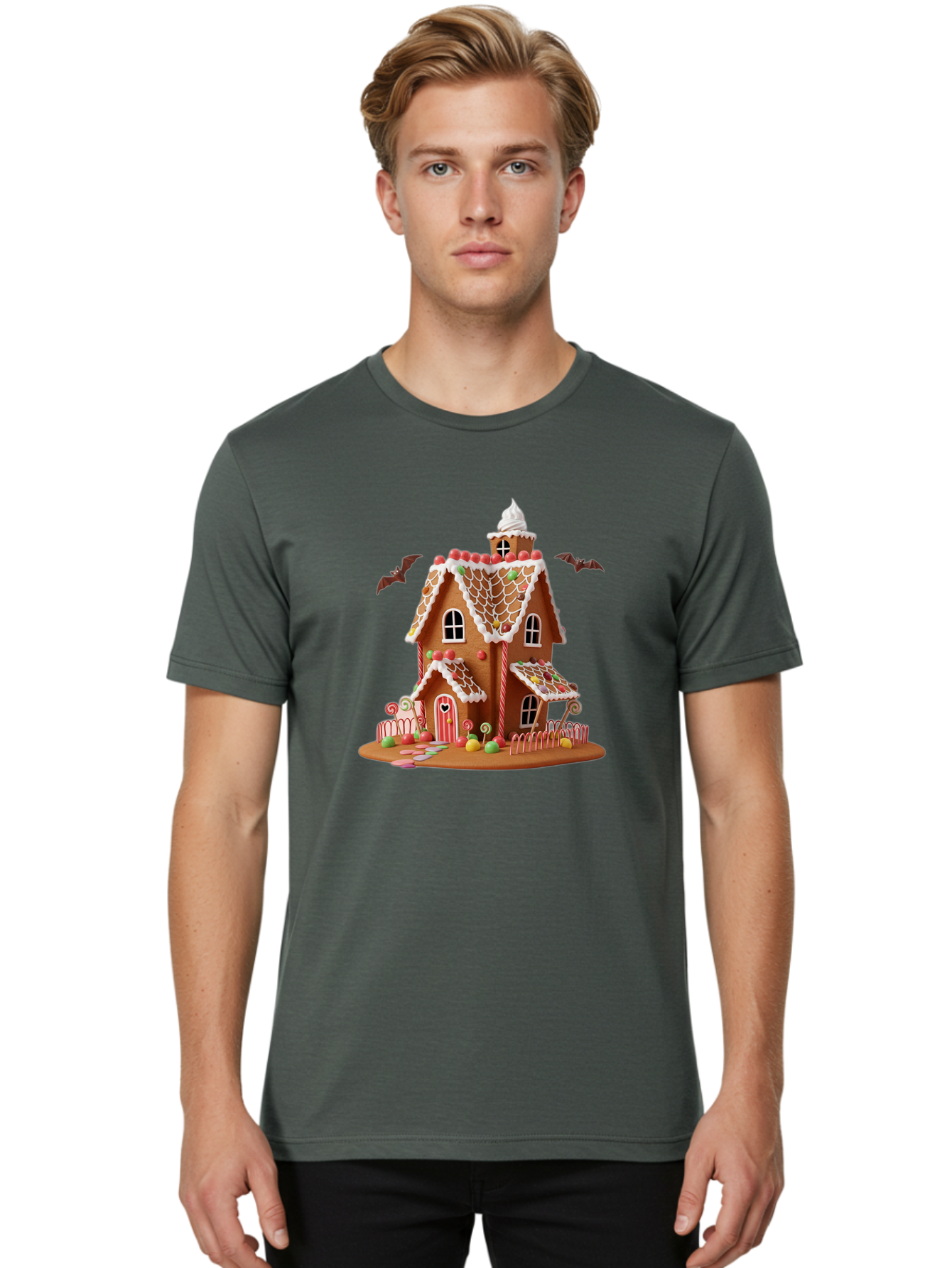 Gingerbread-House Men'S Graphic Tee, 100% Cotton, Comfortable Casual Summer Wear, Machine Washable, Gingerbread House, Holiday Treat, Festive Dessert, Candy Decorations, Icing Details, Red And White Candy, Holiday Sweets, Christmas Cookie, Bad148 26