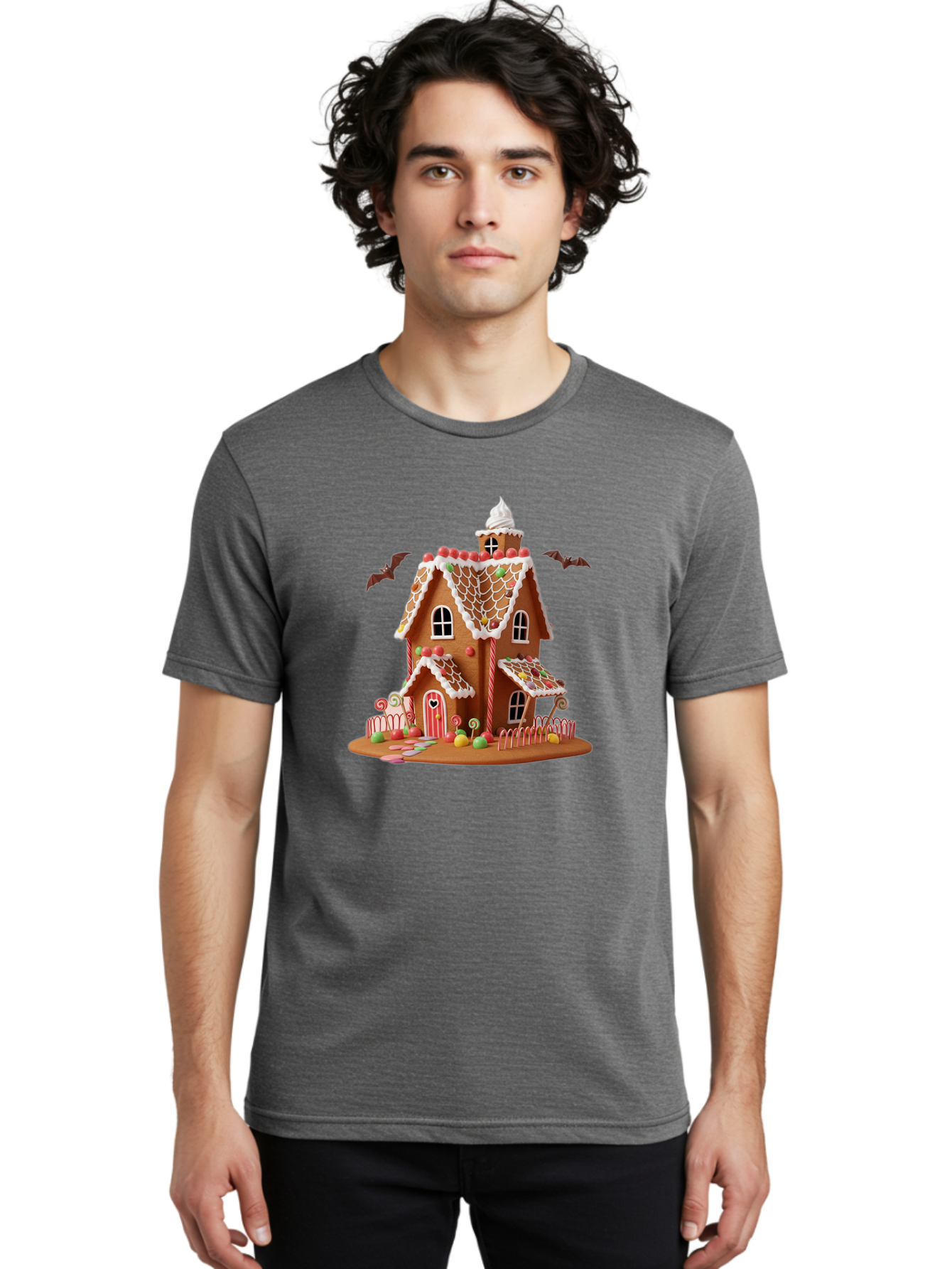 Gingerbread-House Men'S Graphic Tee, 100% Cotton, Comfortable Casual Summer Wear, Machine Washable, Gingerbread House, Holiday Treat, Festive Dessert, Candy Decorations, Icing Details, Red And White Candy, Holiday Sweets, Christmas Cookie, Bad148 21