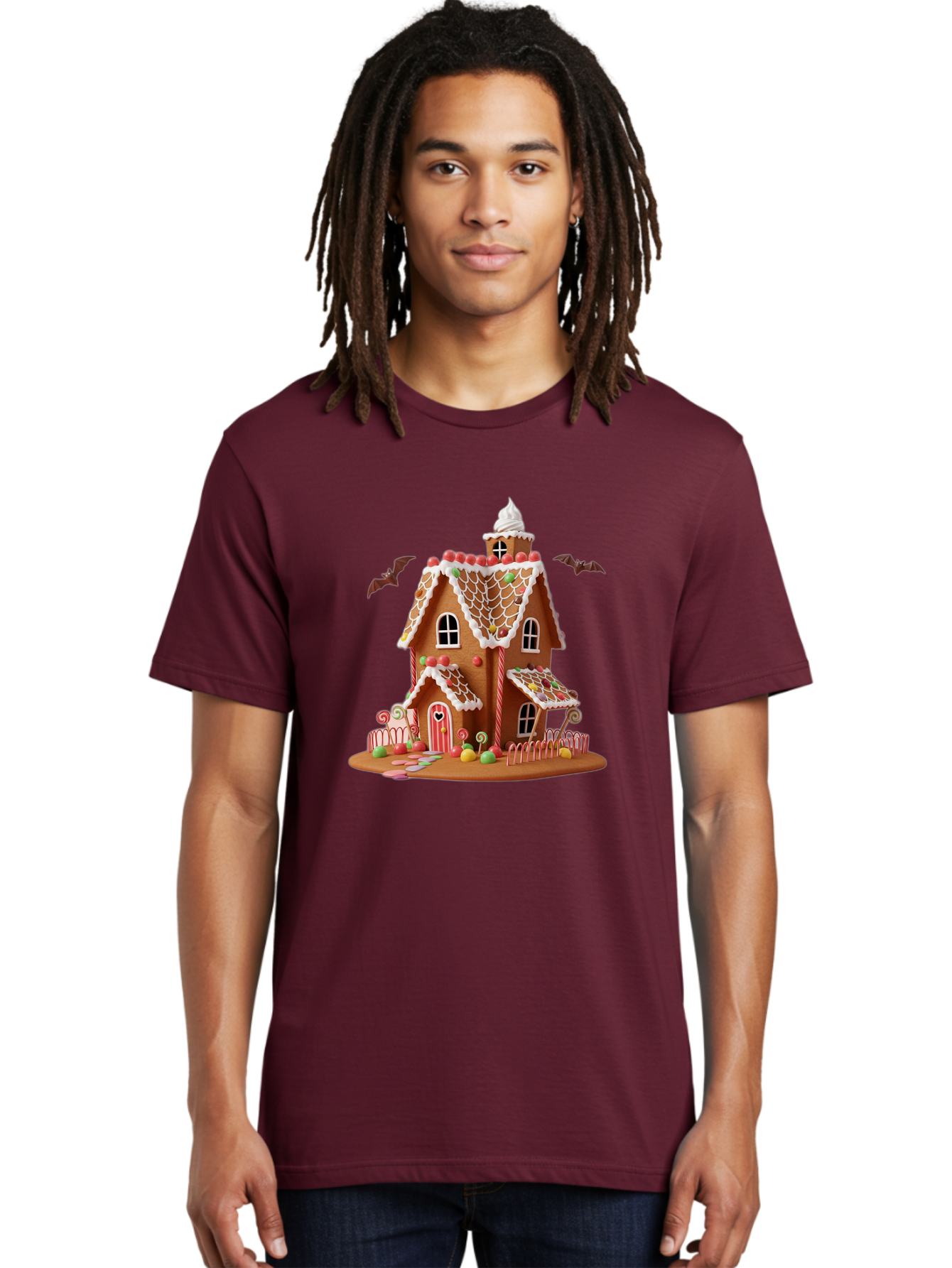 Gingerbread-House Men'S Graphic Tee, 100% Cotton, Comfortable Casual Summer Wear, Machine Washable, Gingerbread House, Holiday Treat, Festive Dessert, Candy Decorations, Icing Details, Red And White Candy, Holiday Sweets, Christmas Cookie, Bad148 25