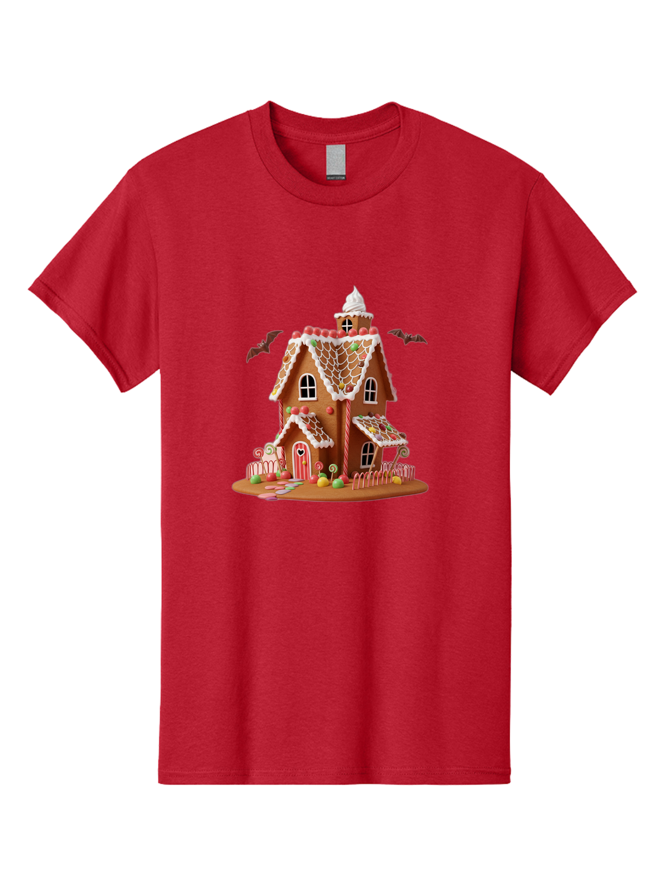 Gingerbread-House Men'S Graphic Tee, 100% Cotton, Comfortable Casual Summer Wear, Machine Washable, Gingerbread House, Holiday Treat, Festive Dessert, Candy Decorations, Icing Details, Red And White Candy, Holiday Sweets, Christmas Cookie, Bad148 9