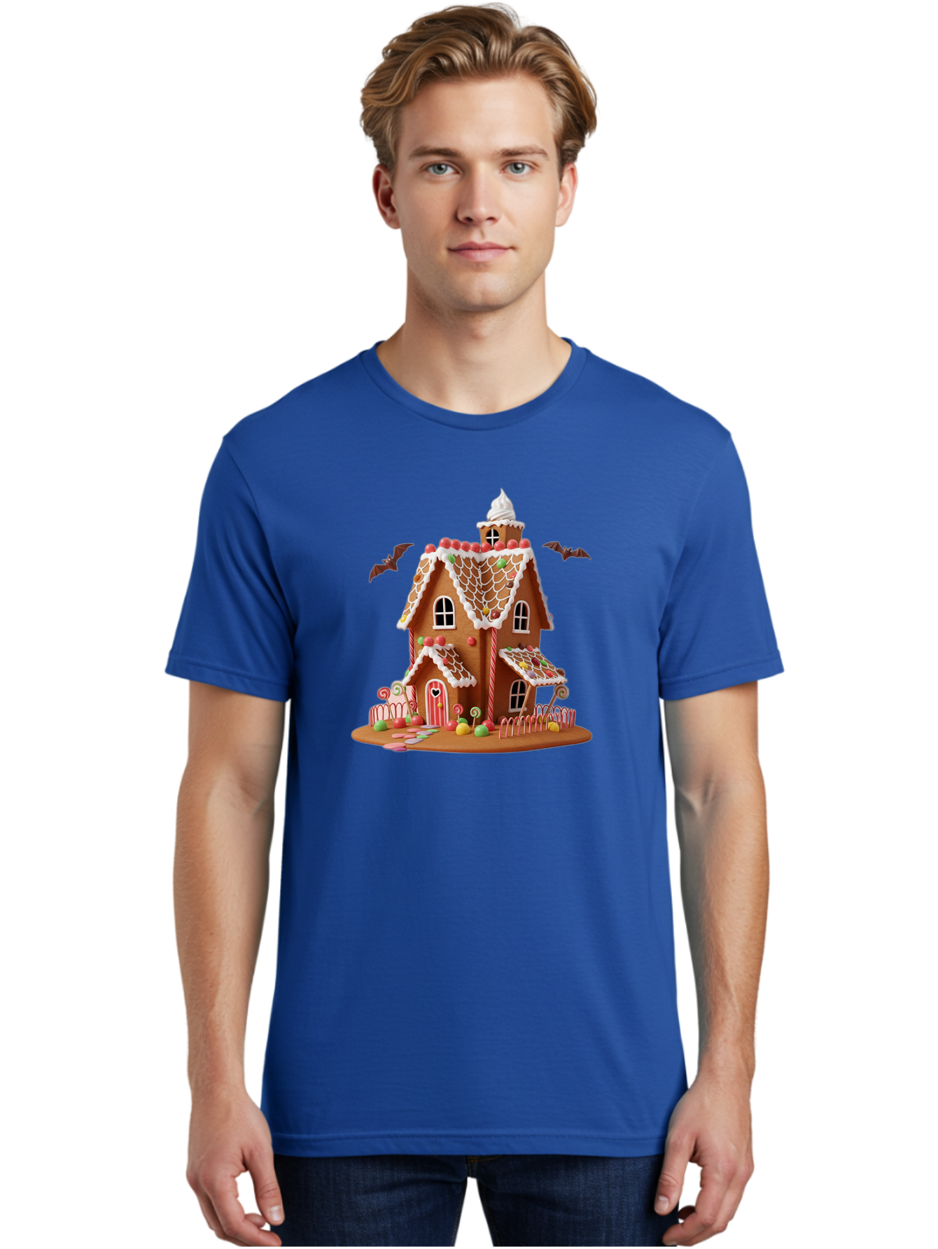 Gingerbread-House Men'S Graphic Tee, 100% Cotton, Comfortable Casual Summer Wear, Machine Washable, Gingerbread House, Holiday Treat, Festive Dessert, Candy Decorations, Icing Details, Red And White Candy, Holiday Sweets, Christmas Cookie, Bad148 28