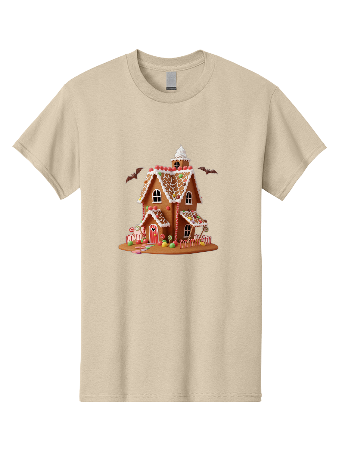 Gingerbread-House Men'S Graphic Tee, 100% Cotton, Comfortable Casual Summer Wear, Machine Washable, Gingerbread House, Holiday Treat, Festive Dessert, Candy Decorations, Icing Details, Red And White Candy, Holiday Sweets, Christmas Cookie, Bad148 5