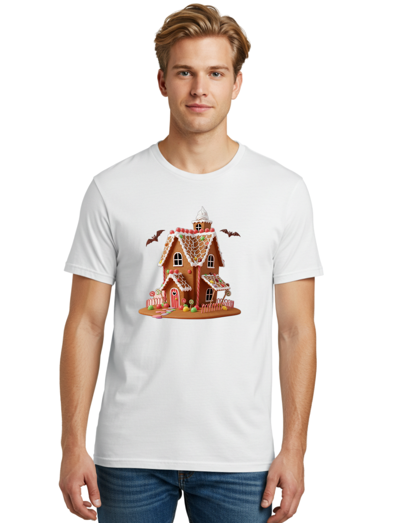 Gingerbread-House Men'S Graphic Tee, 100% Cotton, Comfortable Casual Summer Wear, Machine Washable, Gingerbread House, Holiday Treat, Festive Dessert, Candy Decorations, Icing Details, Red And White Candy, Holiday Sweets, Christmas Cookie, Bad148 17
