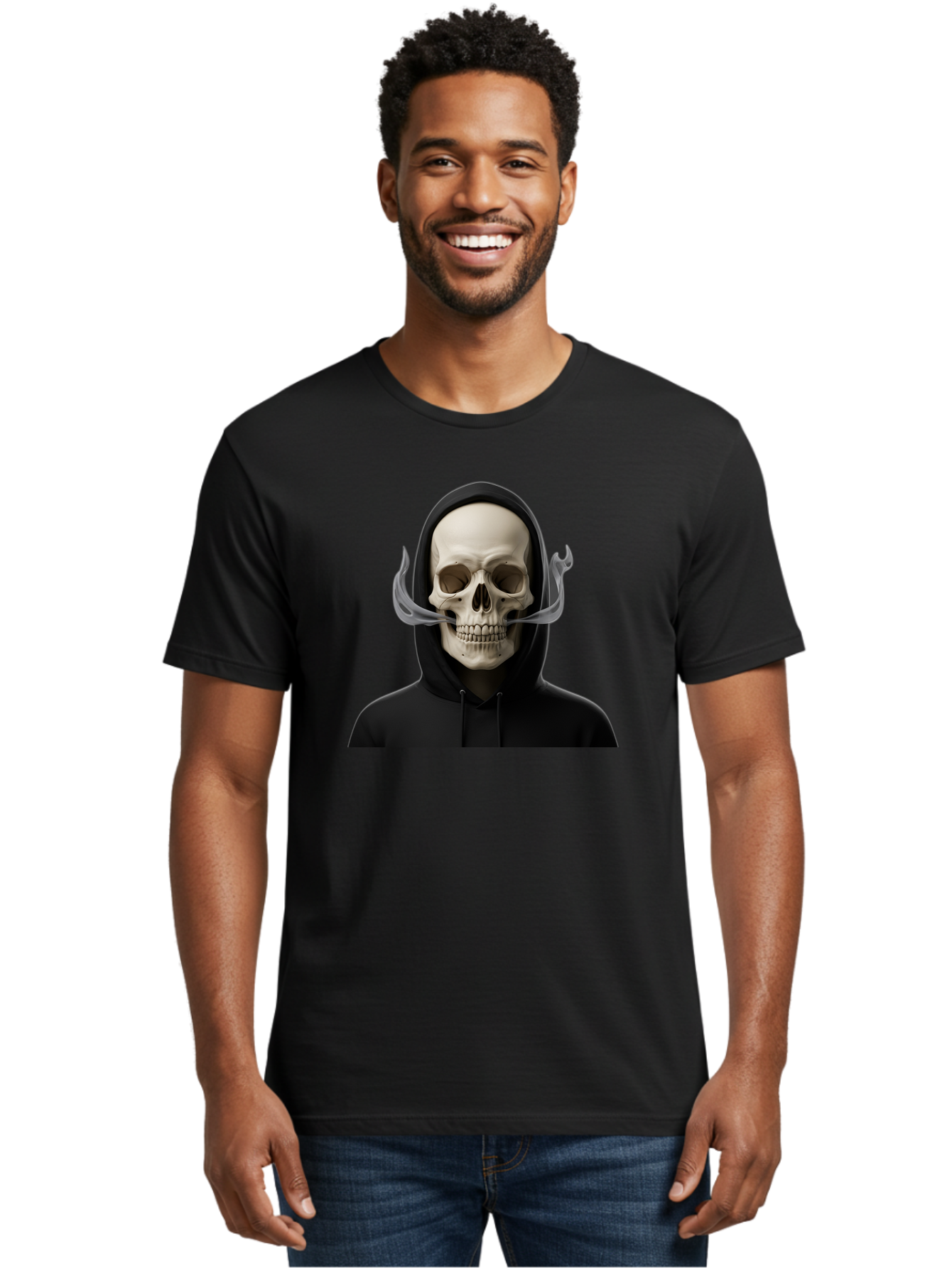 Grim-Reaper-Skull Men'S Graphic Tee, 100% Cotton, Comfortable Casual Summer Wear, Machine Washable, Skull Wearing Hoodie, Ghostly Figure, Surreal Art, Mystical Creature, Dark Fantasy, Eerie Atmosphere, Gothic Style, Mysterious Entity, Bad170 26