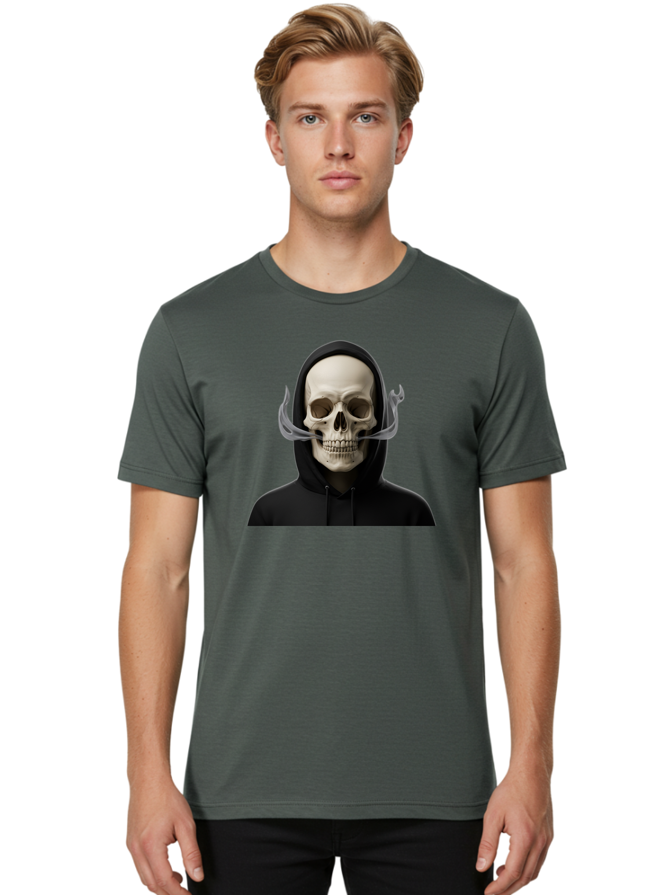 Grim-Reaper-Skull Men'S Graphic Tee, 100% Cotton, Comfortable Casual Summer Wear, Machine Washable, Skull Wearing Hoodie, Ghostly Figure, Surreal Art, Mystical Creature, Dark Fantasy, Eerie Atmosphere, Gothic Style, Mysterious Entity, Bad170 28
