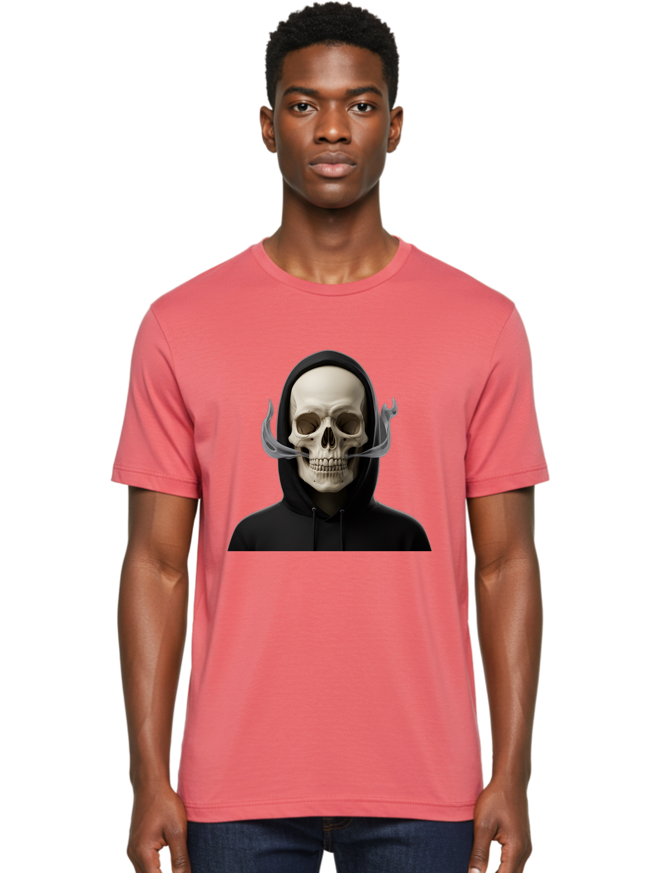 Grim-Reaper-Skull Men'S Graphic Tee, 100% Cotton, Comfortable Casual Summer Wear, Machine Washable, Skull Wearing Hoodie, Ghostly Figure, Surreal Art, Mystical Creature, Dark Fantasy, Eerie Atmosphere, Gothic Style, Mysterious Entity, Bad170 19