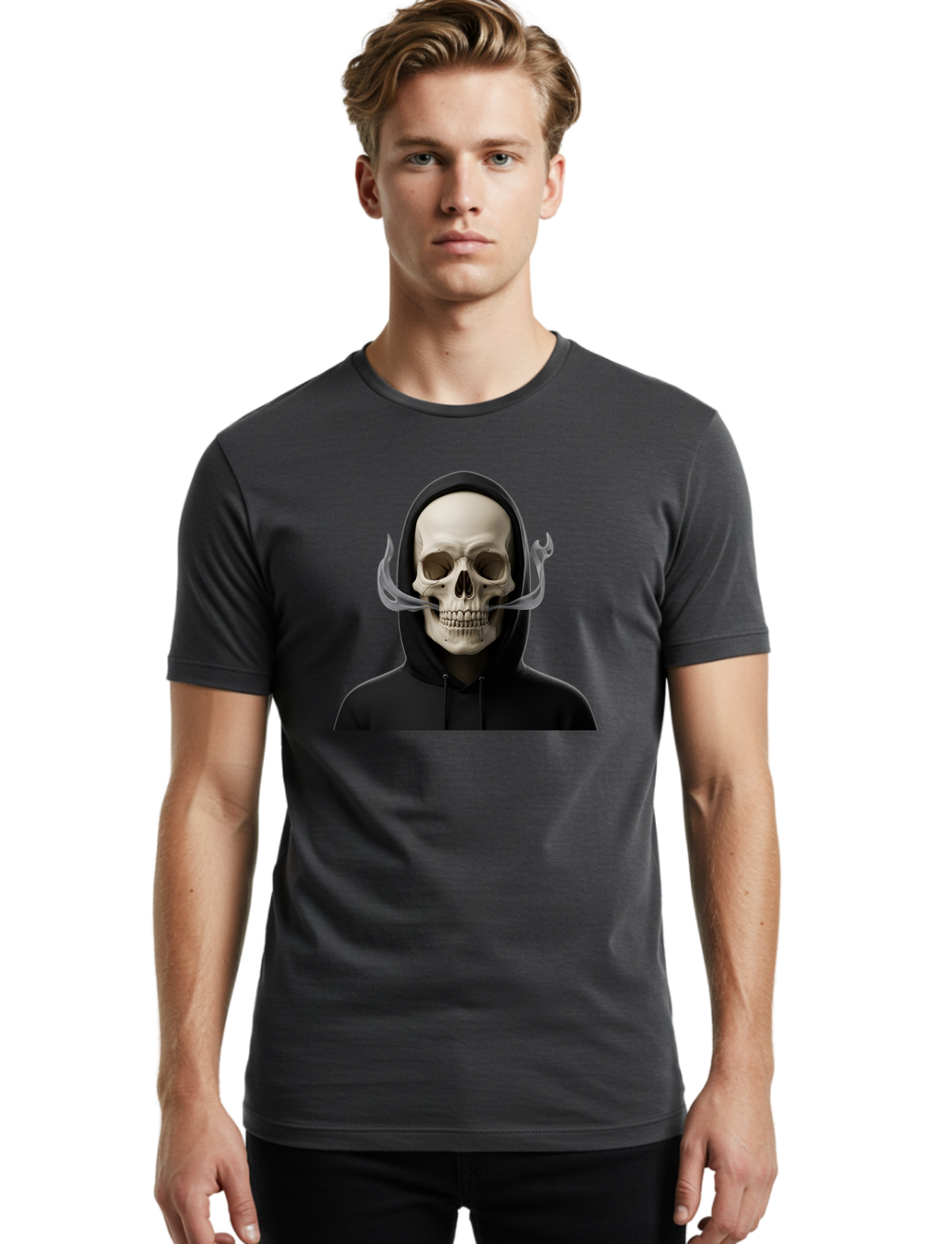 Grim-Reaper-Skull Men'S Graphic Tee, 100% Cotton, Comfortable Casual Summer Wear, Machine Washable, Skull Wearing Hoodie, Ghostly Figure, Surreal Art, Mystical Creature, Dark Fantasy, Eerie Atmosphere, Gothic Style, Mysterious Entity, Bad170 23