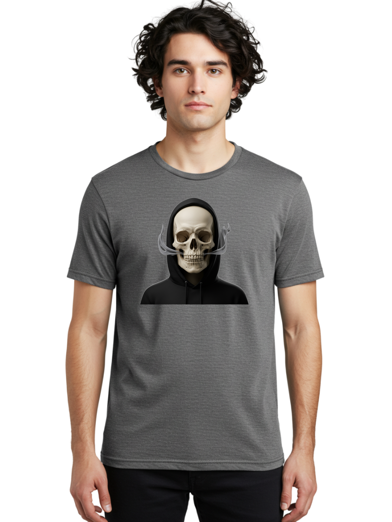 Grim-Reaper-Skull Men'S Graphic Tee, 100% Cotton, Comfortable Casual Summer Wear, Machine Washable, Skull Wearing Hoodie, Ghostly Figure, Surreal Art, Mystical Creature, Dark Fantasy, Eerie Atmosphere, Gothic Style, Mysterious Entity, Bad170 29