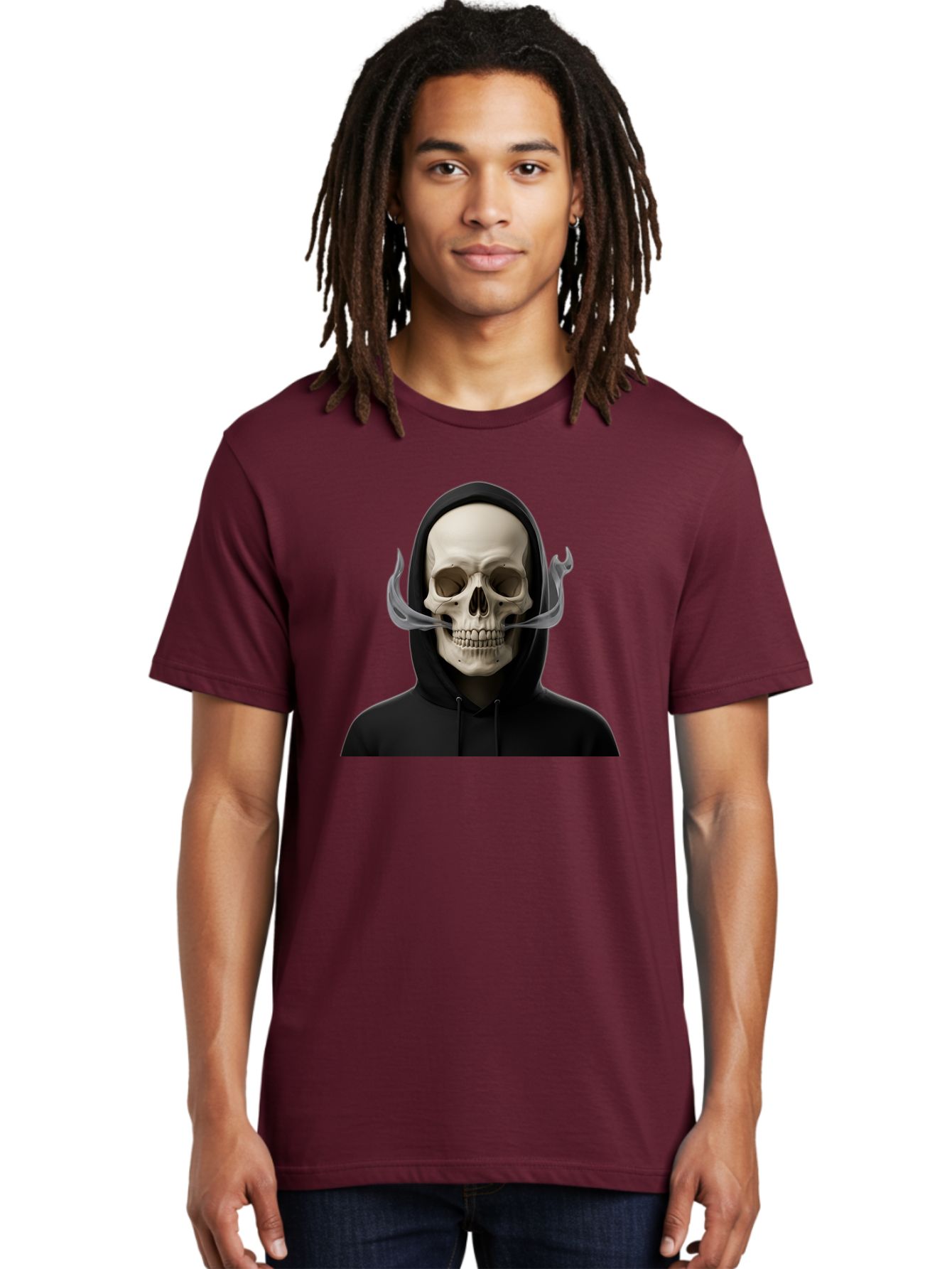 Grim-Reaper-Skull Men'S Graphic Tee, 100% Cotton, Comfortable Casual Summer Wear, Machine Washable, Skull Wearing Hoodie, Ghostly Figure, Surreal Art, Mystical Creature, Dark Fantasy, Eerie Atmosphere, Gothic Style, Mysterious Entity, Bad170 30