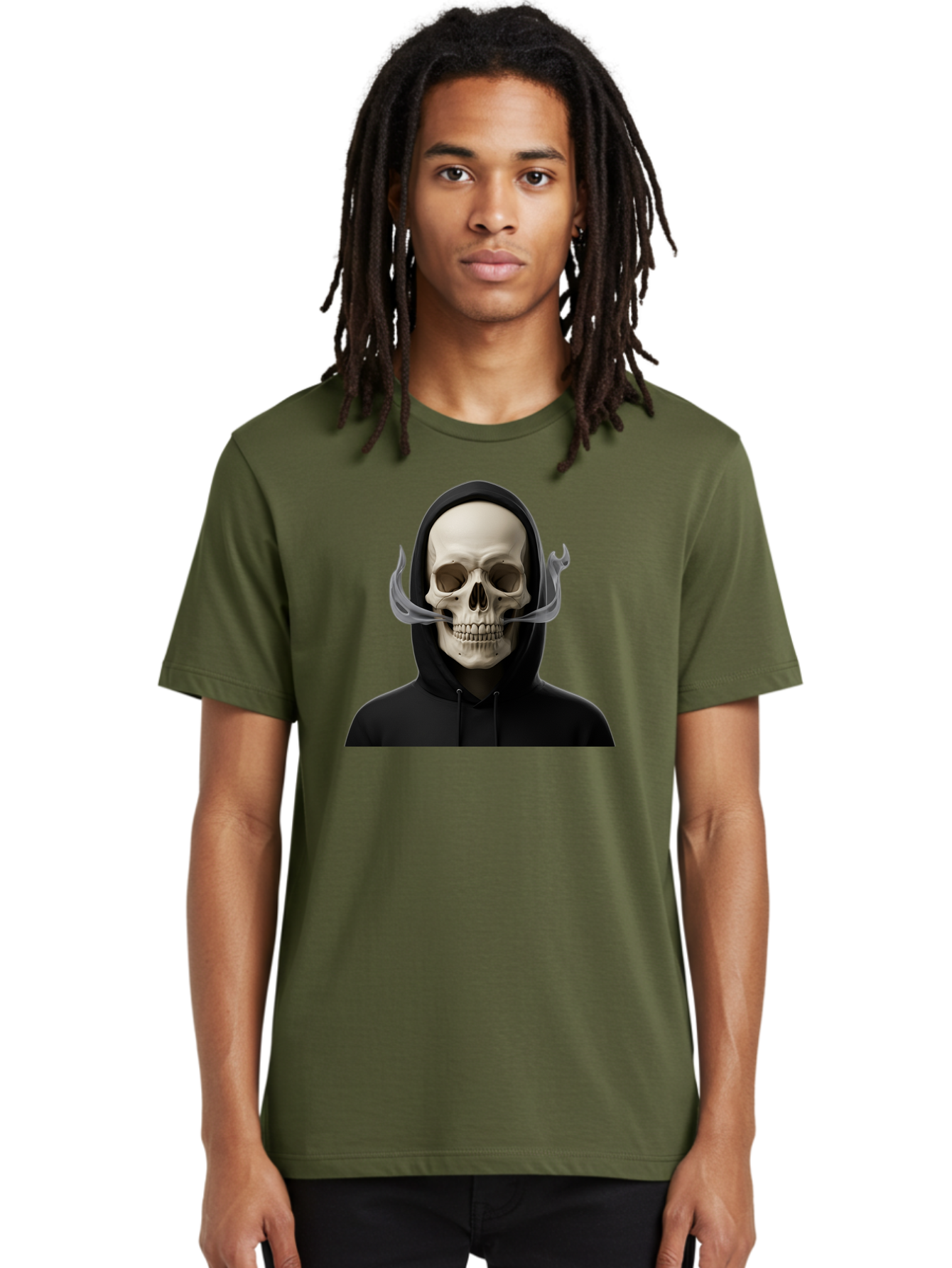 Grim-Reaper-Skull Men'S Graphic Tee, 100% Cotton, Comfortable Casual Summer Wear, Machine Washable, Skull Wearing Hoodie, Ghostly Figure, Surreal Art, Mystical Creature, Dark Fantasy, Eerie Atmosphere, Gothic Style, Mysterious Entity, Bad170 21