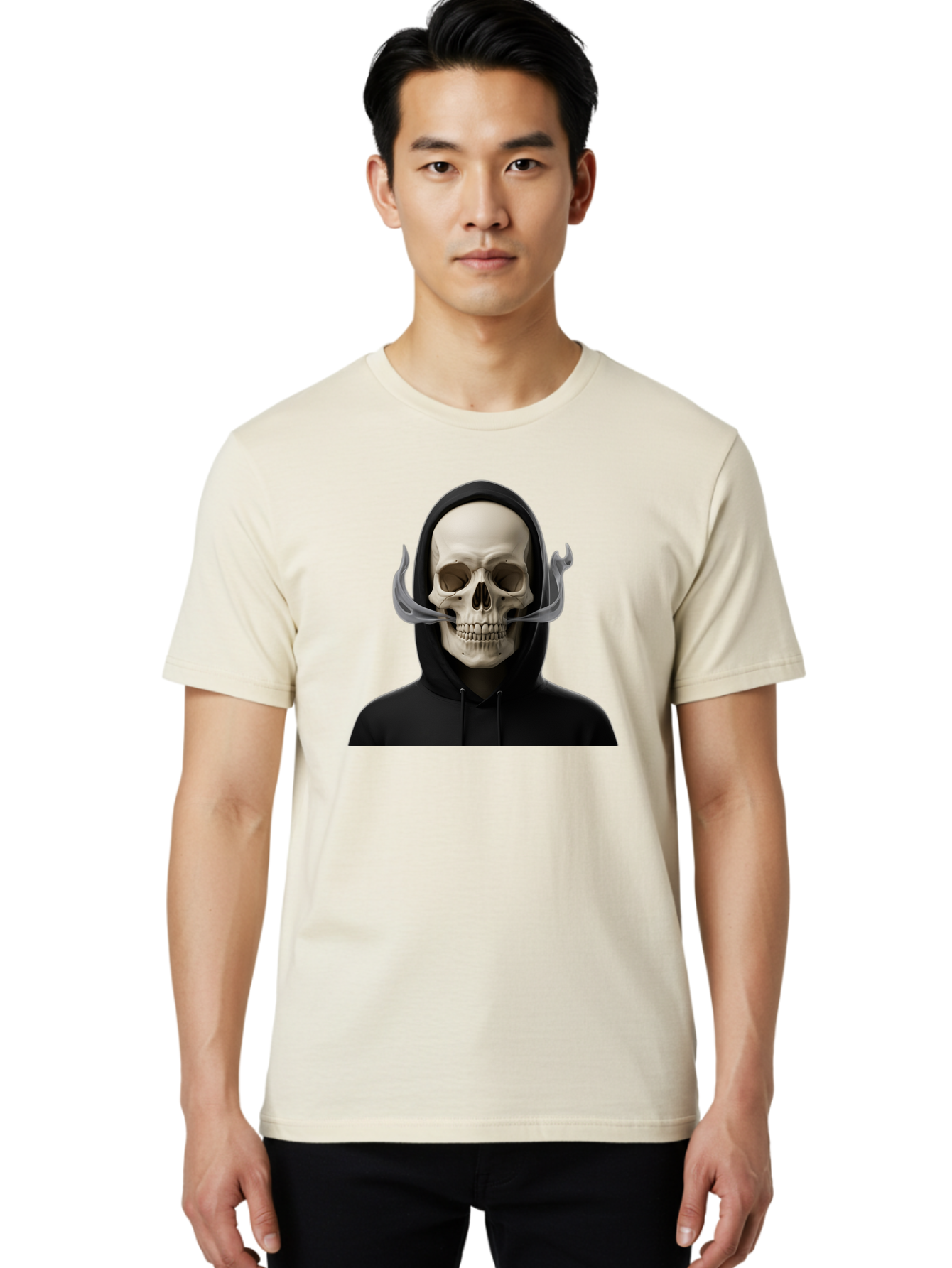 Grim-Reaper-Skull Men'S Graphic Tee, 100% Cotton, Comfortable Casual Summer Wear, Machine Washable, Skull Wearing Hoodie, Ghostly Figure, Surreal Art, Mystical Creature, Dark Fantasy, Eerie Atmosphere, Gothic Style, Mysterious Entity, Bad170 17