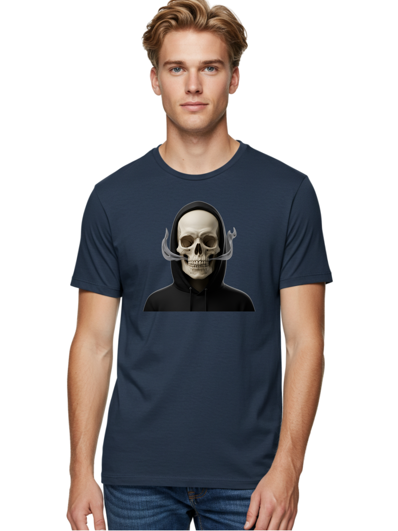Grim-Reaper-Skull Men'S Graphic Tee, 100% Cotton, Comfortable Casual Summer Wear, Machine Washable, Skull Wearing Hoodie, Ghostly Figure, Surreal Art, Mystical Creature, Dark Fantasy, Eerie Atmosphere, Gothic Style, Mysterious Entity, Bad170 25