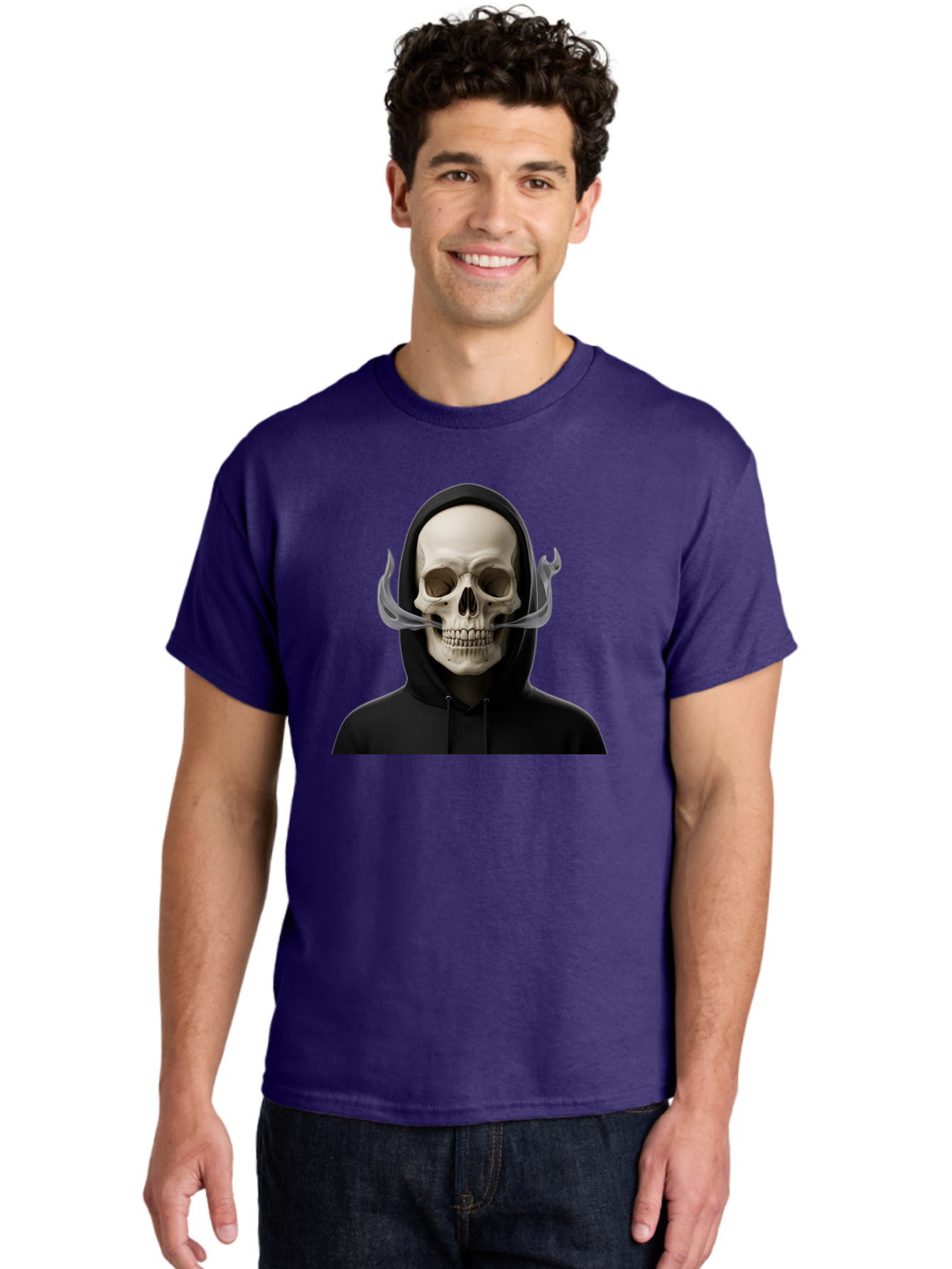 Grim-Reaper-Skull Men'S Graphic Tee, 100% Cotton, Comfortable Casual Summer Wear, Machine Washable, Skull Wearing Hoodie, Ghostly Figure, Surreal Art, Mystical Creature, Dark Fantasy, Eerie Atmosphere, Gothic Style, Mysterious Entity, Bad170 22