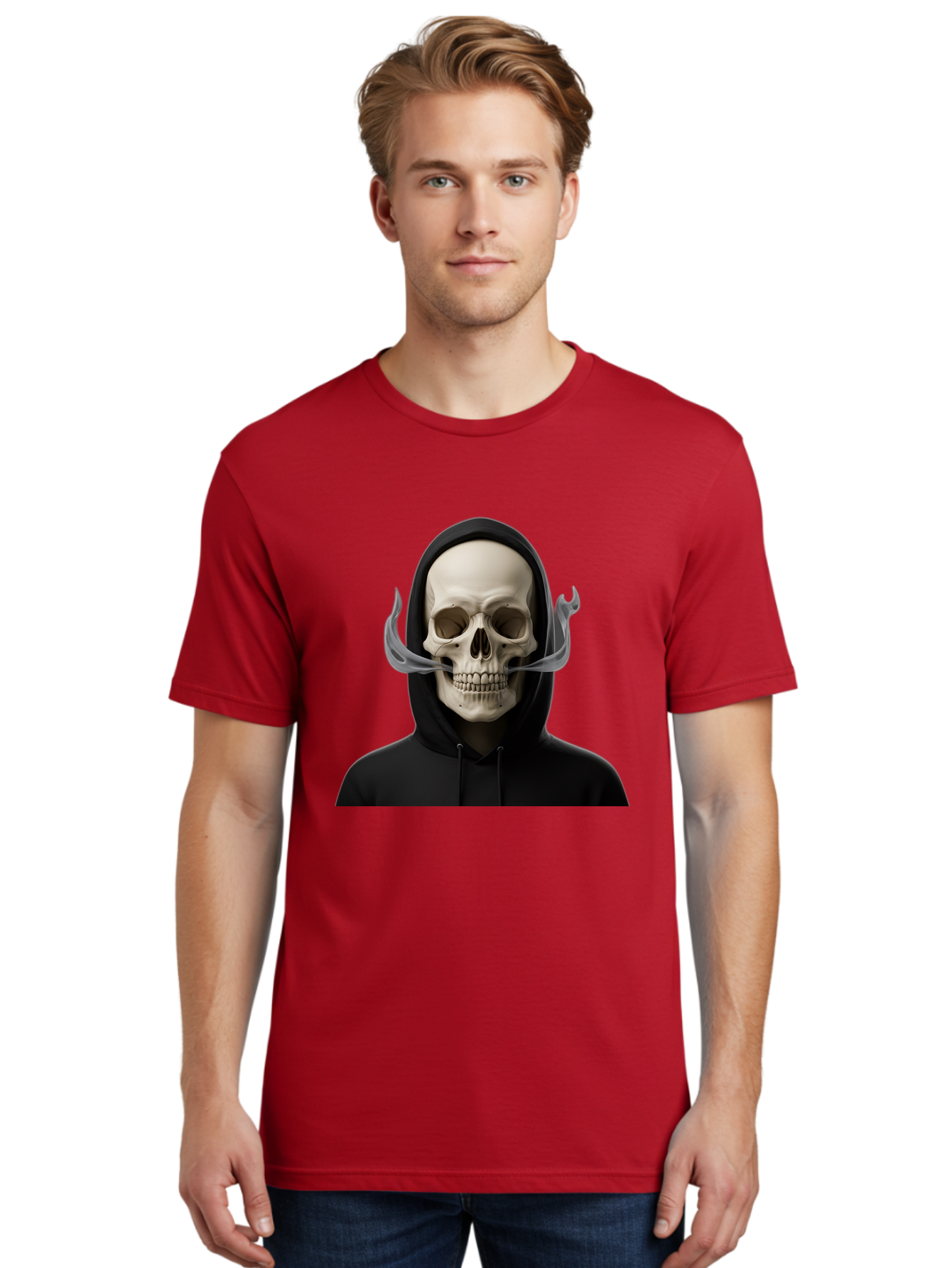 Grim-Reaper-Skull Men'S Graphic Tee, 100% Cotton, Comfortable Casual Summer Wear, Machine Washable, Skull Wearing Hoodie, Ghostly Figure, Surreal Art, Mystical Creature, Dark Fantasy, Eerie Atmosphere, Gothic Style, Mysterious Entity, Bad170 18