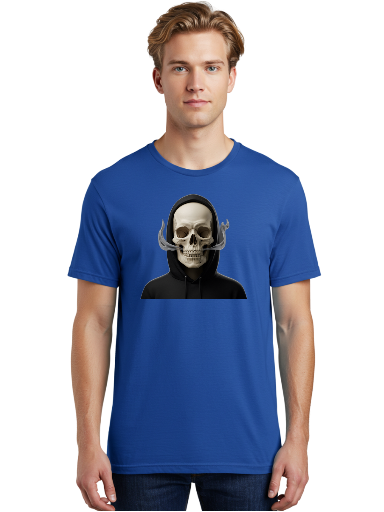Grim-Reaper-Skull Men'S Graphic Tee, 100% Cotton, Comfortable Casual Summer Wear, Machine Washable, Skull Wearing Hoodie, Ghostly Figure, Surreal Art, Mystical Creature, Dark Fantasy, Eerie Atmosphere, Gothic Style, Mysterious Entity, Bad170 24