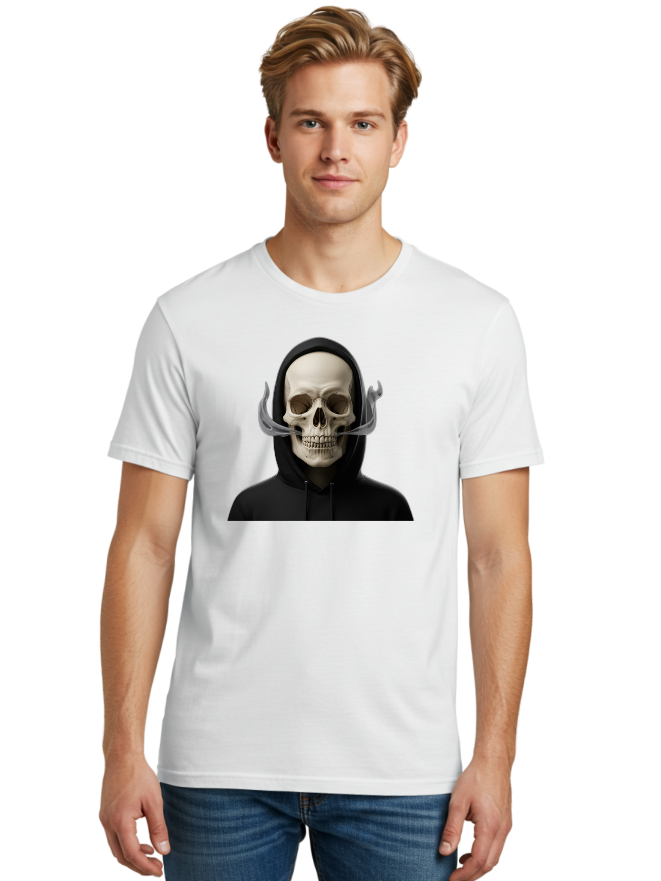 Grim-Reaper-Skull Men'S Graphic Tee, 100% Cotton, Comfortable Casual Summer Wear, Machine Washable, Skull Wearing Hoodie, Ghostly Figure, Surreal Art, Mystical Creature, Dark Fantasy, Eerie Atmosphere, Gothic Style, Mysterious Entity, Bad170 16