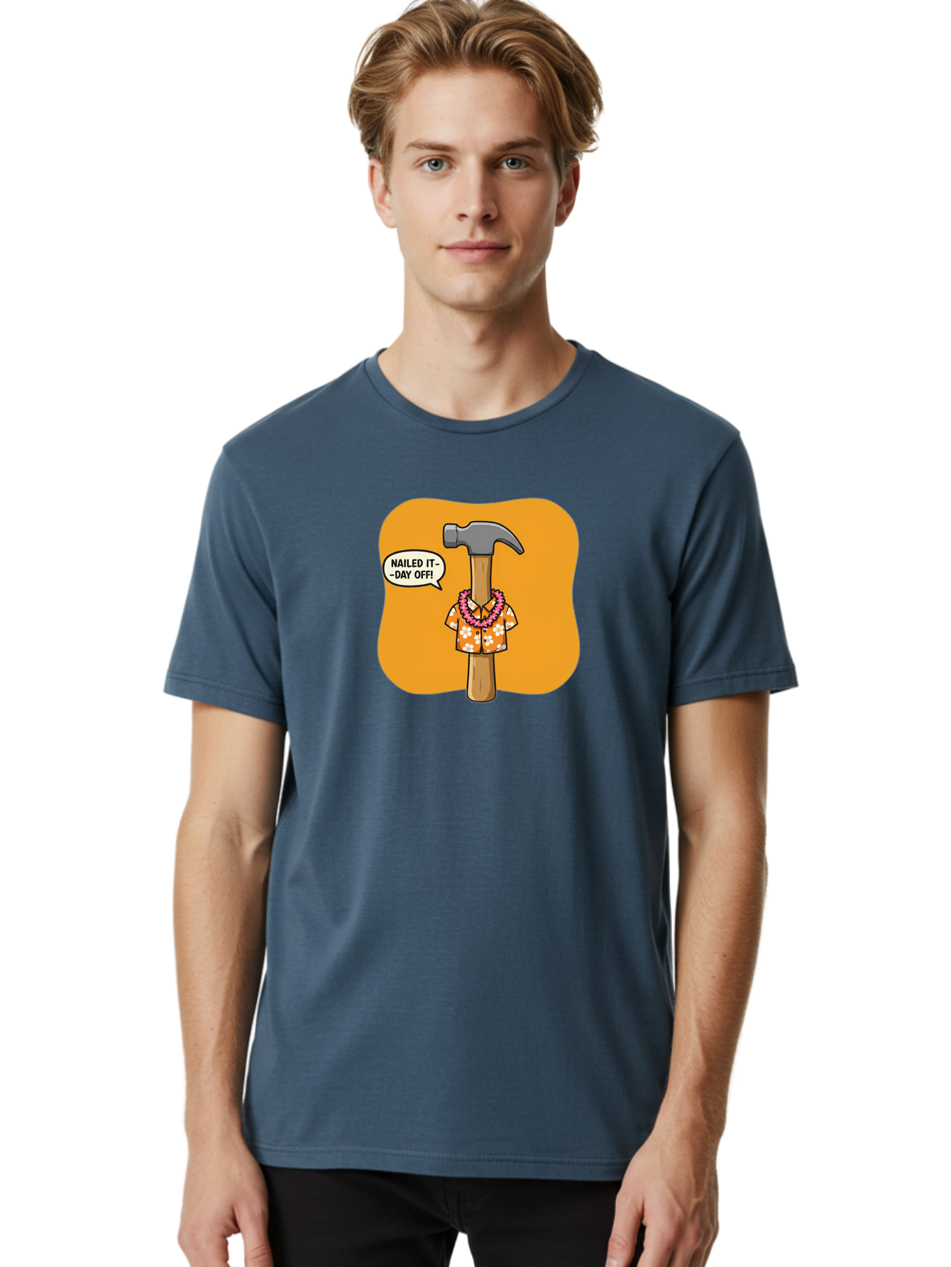 Hammer-In-Hawaiian-Shirt Men'S Graphic Tee, 100% Cotton, Comfortable Casual Summer Wear, Machine Washable, Funny Cartoon Hammer, Hawaiian Shirt, Leis, Humorous Expression, Nailed It-Day Off!, Cartoon Character, Comical Illustration, Bad180 23