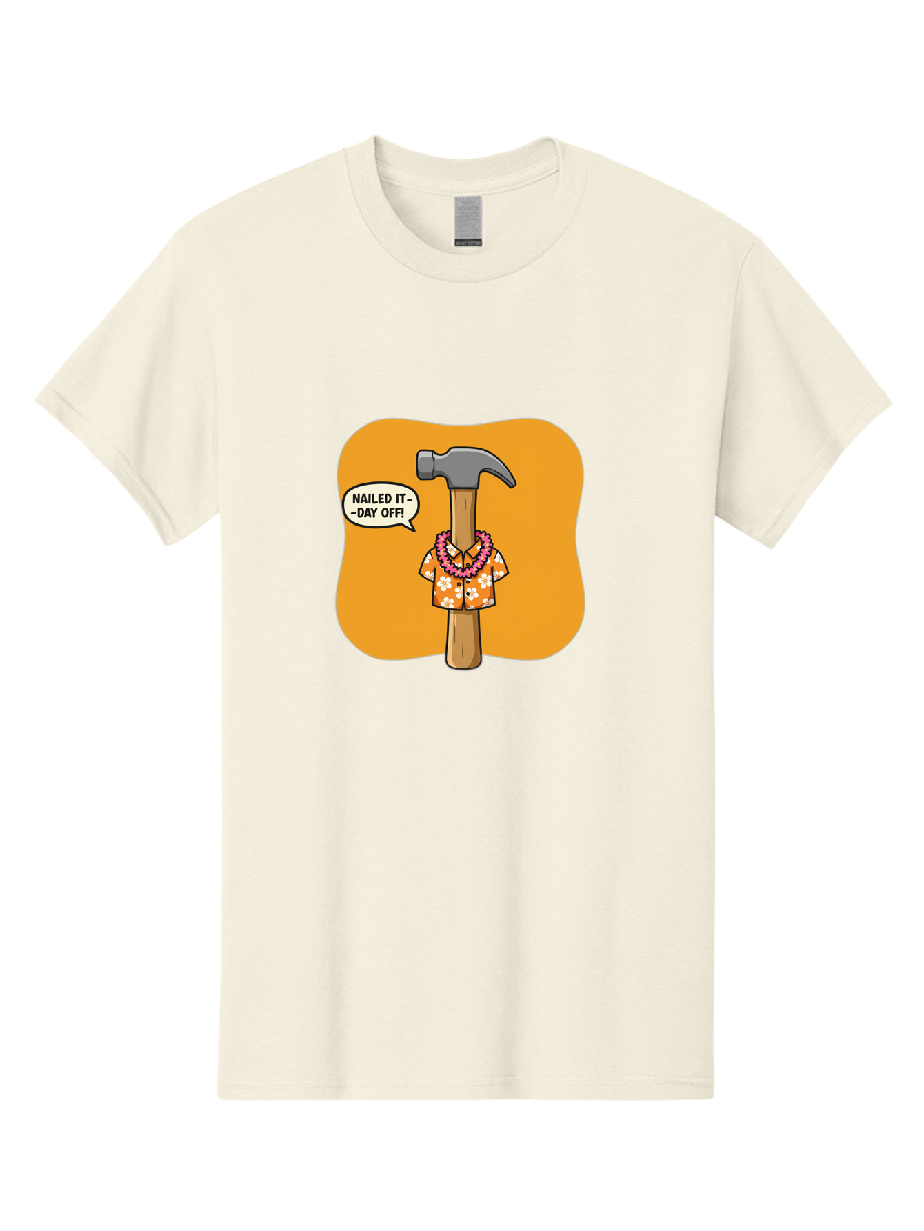 Hammer-In-Hawaiian-Shirt Men'S Graphic Tee, 100% Cotton, Comfortable Casual Summer Wear, Machine Washable, Funny Cartoon Hammer, Hawaiian Shirt, Leis, Humorous Expression, Nailed It-Day Off!, Cartoon Character, Comical Illustration, Bad180 3