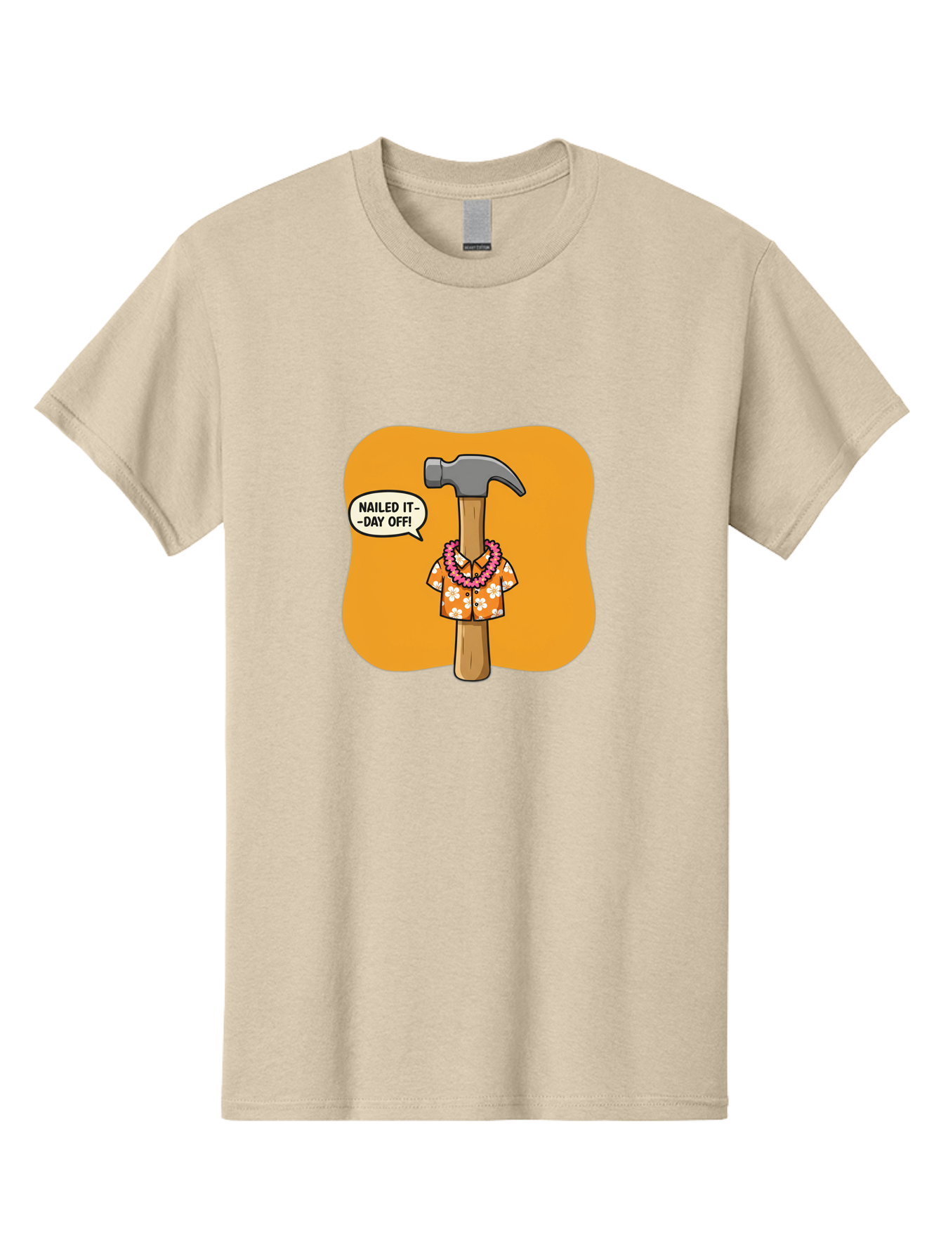 Hammer-In-Hawaiian-Shirt Men'S Graphic Tee, 100% Cotton, Comfortable Casual Summer Wear, Machine Washable, Funny Cartoon Hammer, Hawaiian Shirt, Leis, Humorous Expression, Nailed It-Day Off!, Cartoon Character, Comical Illustration, Bad180 4