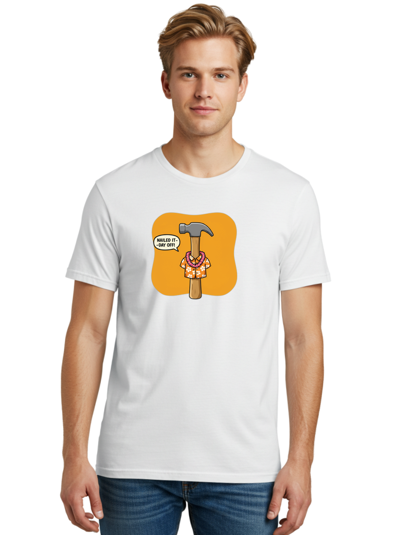 Hammer-In-Hawaiian-Shirt Men'S Graphic Tee, 100% Cotton, Comfortable Casual Summer Wear, Machine Washable, Funny Cartoon Hammer, Hawaiian Shirt, Leis, Humorous Expression, Nailed It-Day Off!, Cartoon Character, Comical Illustration, Bad180 25