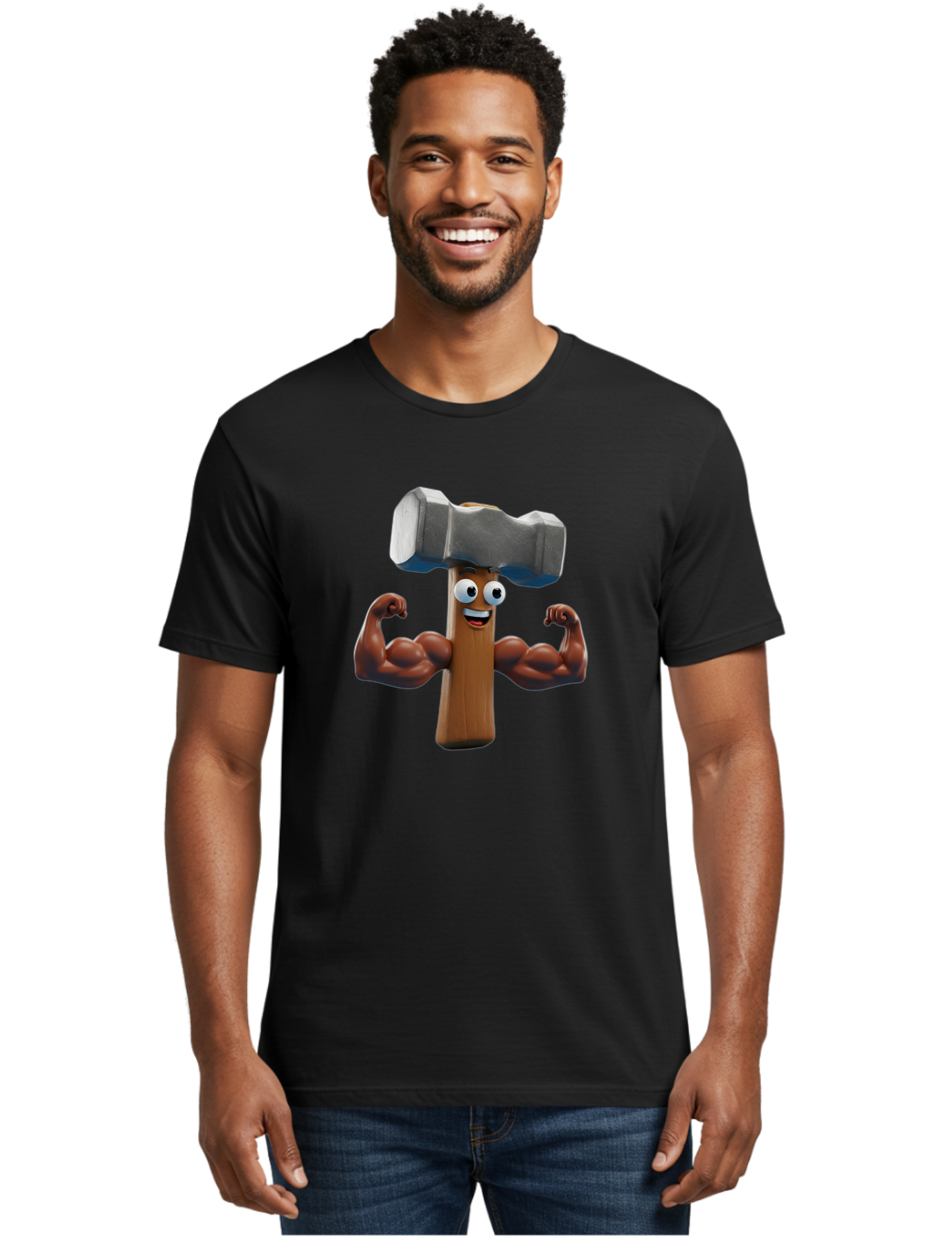 Hammer Men'S Graphic Tee, 100% Cotton, Comfortable Casual Summer Wear, Machine Washable, Cartoon Nail, Muscular Arms, Flexing Biceps, Funny Character, Hammer On Head, Playful Humor, Comical Pose, Anthropomorphic Object, Whimsical Design Bad182 24