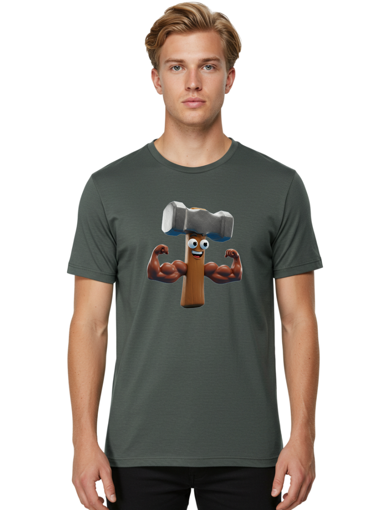 Hammer Men'S Graphic Tee, 100% Cotton, Comfortable Casual Summer Wear, Machine Washable, Cartoon Nail, Muscular Arms, Flexing Biceps, Funny Character, Hammer On Head, Playful Humor, Comical Pose, Anthropomorphic Object, Whimsical Design Bad182 27