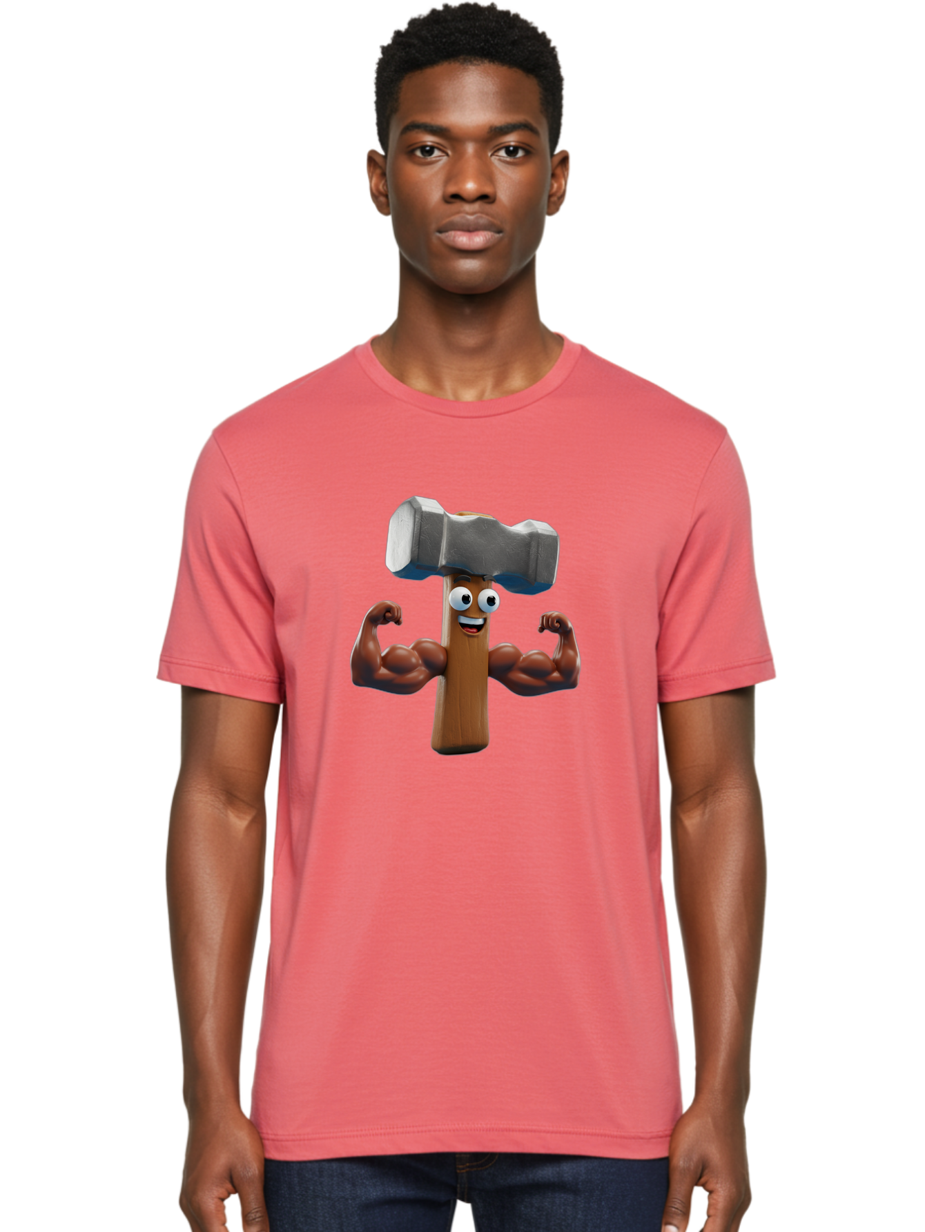 Hammer Men'S Graphic Tee, 100% Cotton, Comfortable Casual Summer Wear, Machine Washable, Cartoon Nail, Muscular Arms, Flexing Biceps, Funny Character, Hammer On Head, Playful Humor, Comical Pose, Anthropomorphic Object, Whimsical Design Bad182 23