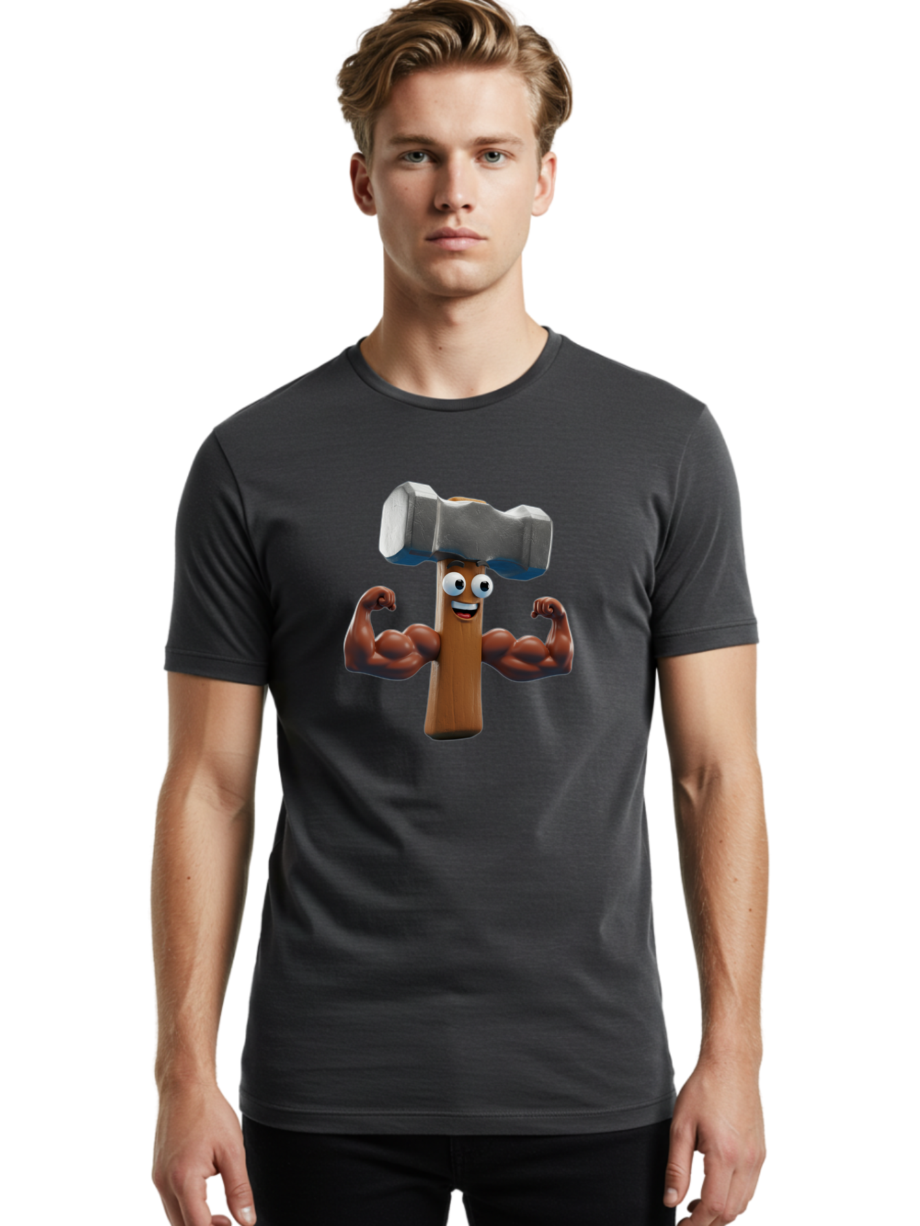 Hammer Men'S Graphic Tee, 100% Cotton, Comfortable Casual Summer Wear, Machine Washable, Cartoon Nail, Muscular Arms, Flexing Biceps, Funny Character, Hammer On Head, Playful Humor, Comical Pose, Anthropomorphic Object, Whimsical Design Bad182 21