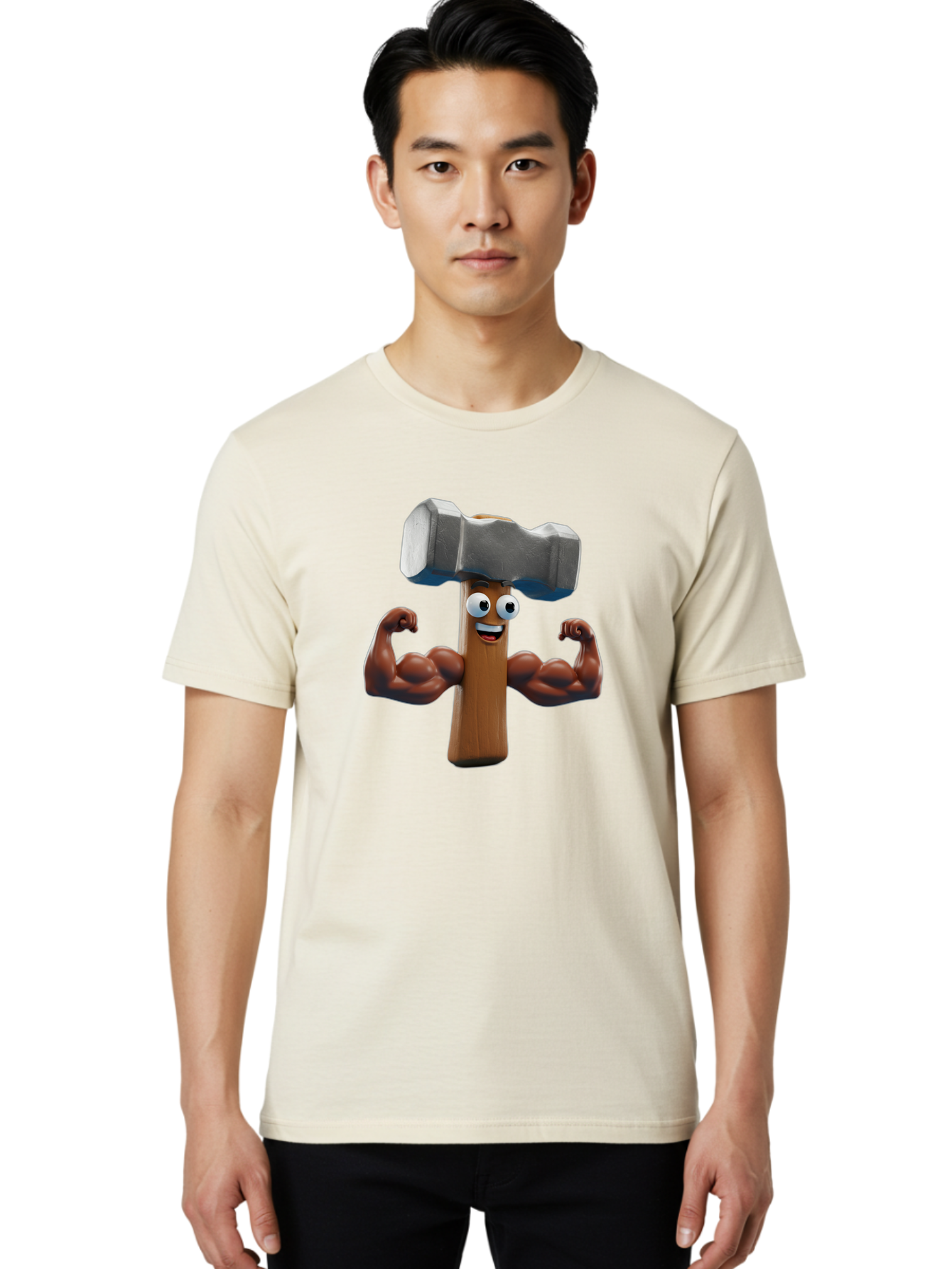 Hammer Men'S Graphic Tee, 100% Cotton, Comfortable Casual Summer Wear, Machine Washable, Cartoon Nail, Muscular Arms, Flexing Biceps, Funny Character, Hammer On Head, Playful Humor, Comical Pose, Anthropomorphic Object, Whimsical Design Bad182 20