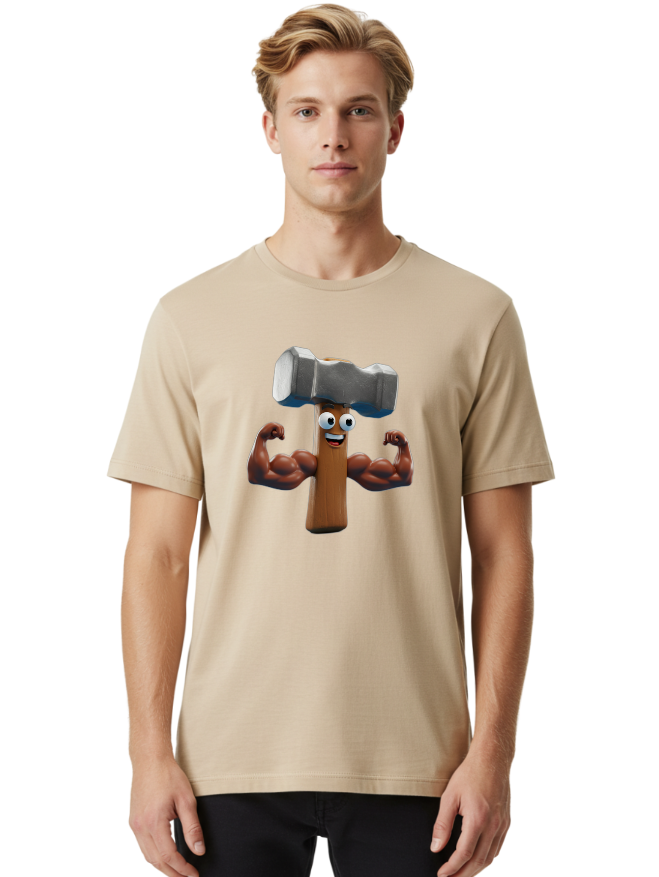 Hammer Men'S Graphic Tee, 100% Cotton, Comfortable Casual Summer Wear, Machine Washable, Cartoon Nail, Muscular Arms, Flexing Biceps, Funny Character, Hammer On Head, Playful Humor, Comical Pose, Anthropomorphic Object, Whimsical Design Bad182 19