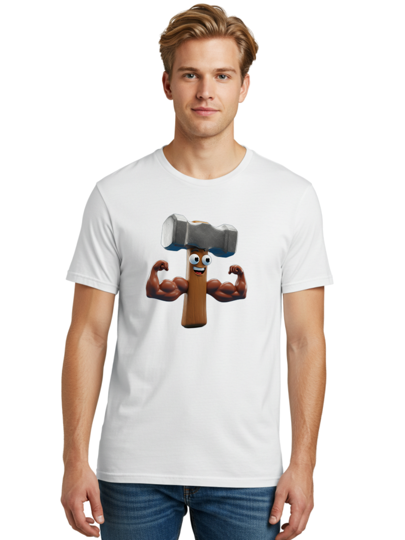Hammer Men'S Graphic Tee, 100% Cotton, Comfortable Casual Summer Wear, Machine Washable, Cartoon Nail, Muscular Arms, Flexing Biceps, Funny Character, Hammer On Head, Playful Humor, Comical Pose, Anthropomorphic Object, Whimsical Design Bad182 28