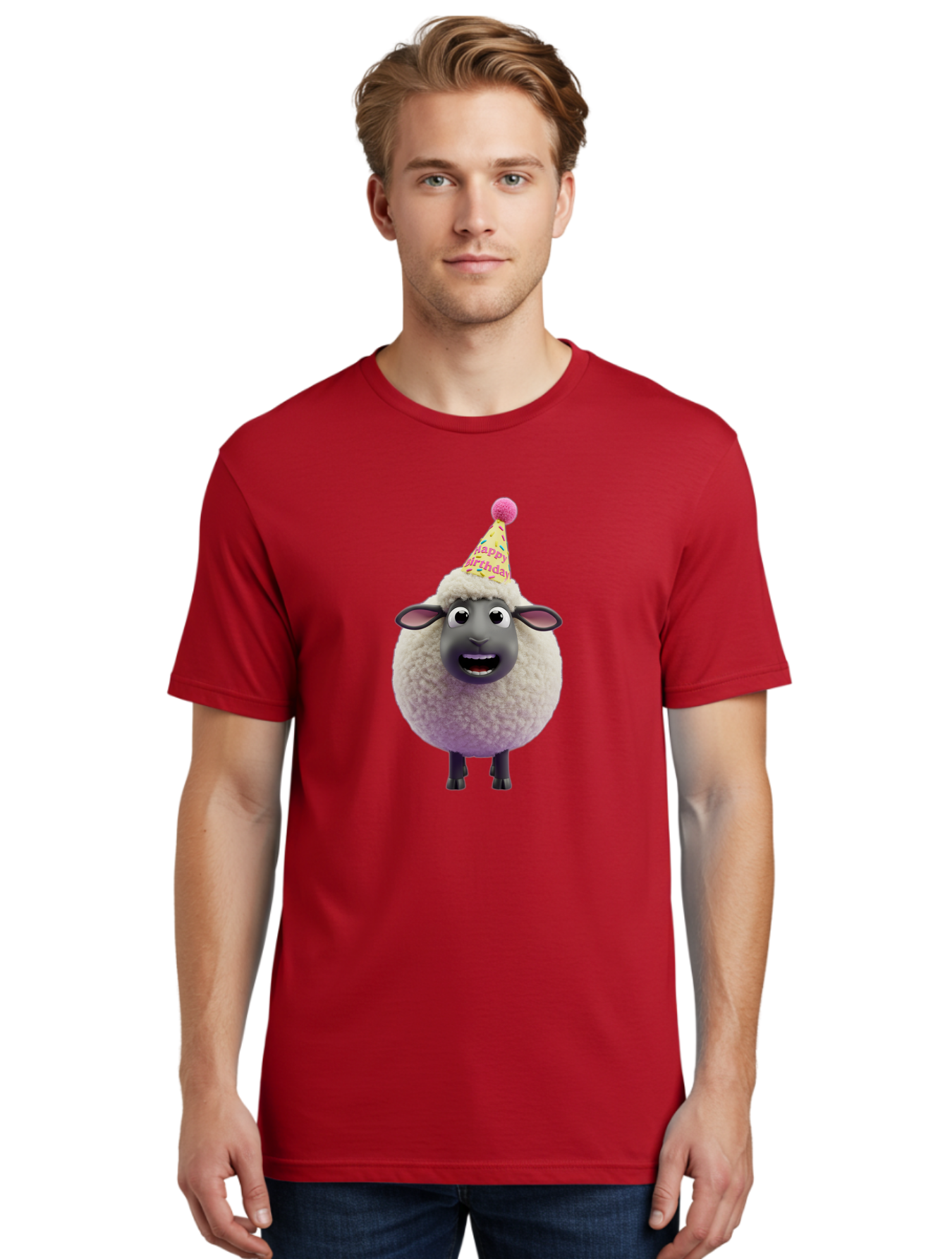 Happy-Birthday-Sheep Men'S Graphic Tee, 100% Cotton, Comfortable Casual Summer Wear, Machine Washable, Sheep In Party Hat, Happy Birthday, Cute Cartoon Character, Funny Animal, Celebration, Birthday Party, Fluffy Sheep, Cartoon Sheep, Bad189 24