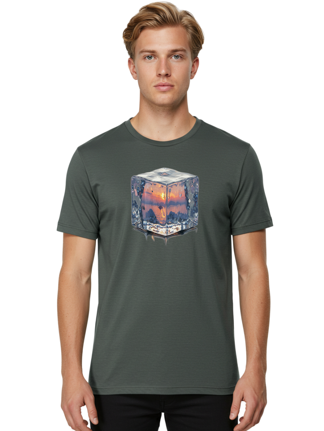 Ice-Cube-Sunset Men'S Graphic Tee, 100% Cotton, Comfortable Casual Summer Wear, Machine Washable, Ice Cube, Sunset Reflection, Ocean View, Rocky Landscape, Vibrant Orange, Cool Glass, Dramatic Scenery, Serene Atmosphere, Frozen Moment Bad207 19