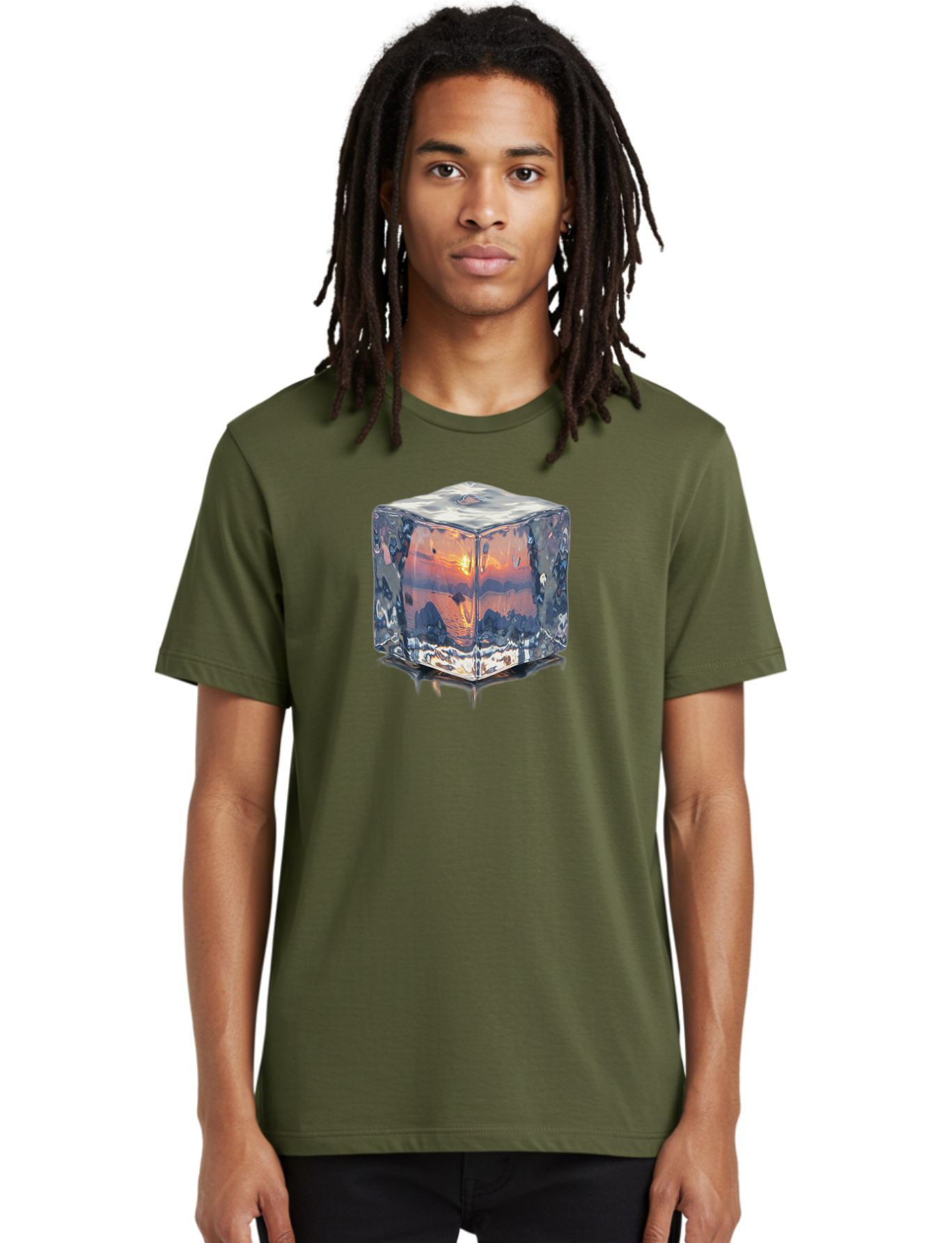 Ice-Cube-Sunset Men'S Graphic Tee, 100% Cotton, Comfortable Casual Summer Wear, Machine Washable, Ice Cube, Sunset Reflection, Ocean View, Rocky Landscape, Vibrant Orange, Cool Glass, Dramatic Scenery, Serene Atmosphere, Frozen Moment Bad207 28