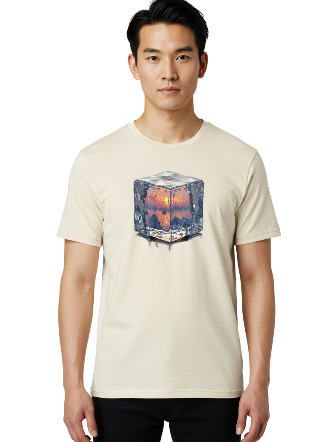 Ice-Cube-Sunset Men'S Graphic Tee, 100% Cotton, Comfortable Casual Summer Wear, Machine Washable, Ice Cube, Sunset Reflection, Ocean View, Rocky Landscape, Vibrant Orange, Cool Glass, Dramatic Scenery, Serene Atmosphere, Frozen Moment Bad207 29