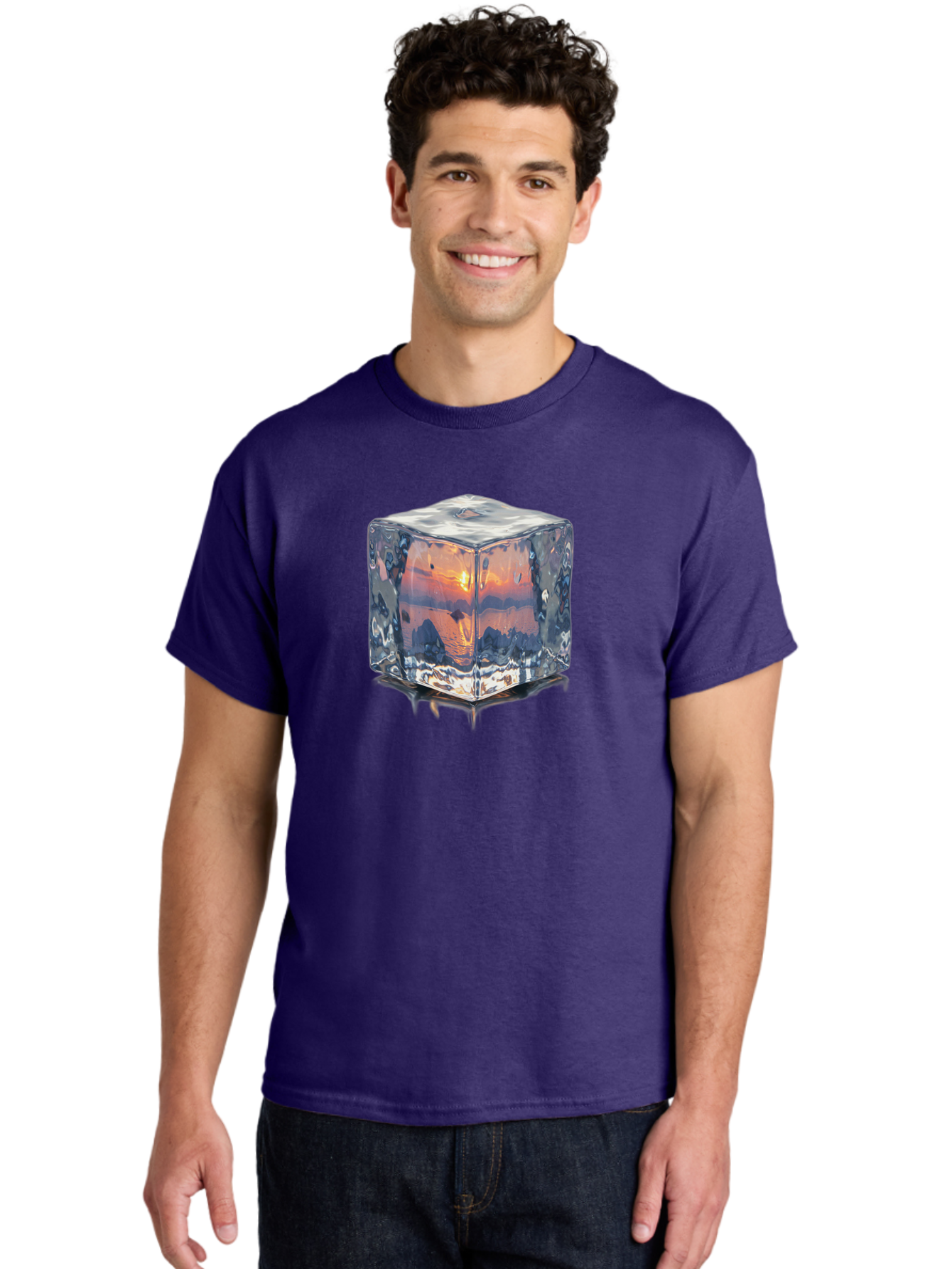 Ice-Cube-Sunset Men'S Graphic Tee, 100% Cotton, Comfortable Casual Summer Wear, Machine Washable, Ice Cube, Sunset Reflection, Ocean View, Rocky Landscape, Vibrant Orange, Cool Glass, Dramatic Scenery, Serene Atmosphere, Frozen Moment Bad207 30
