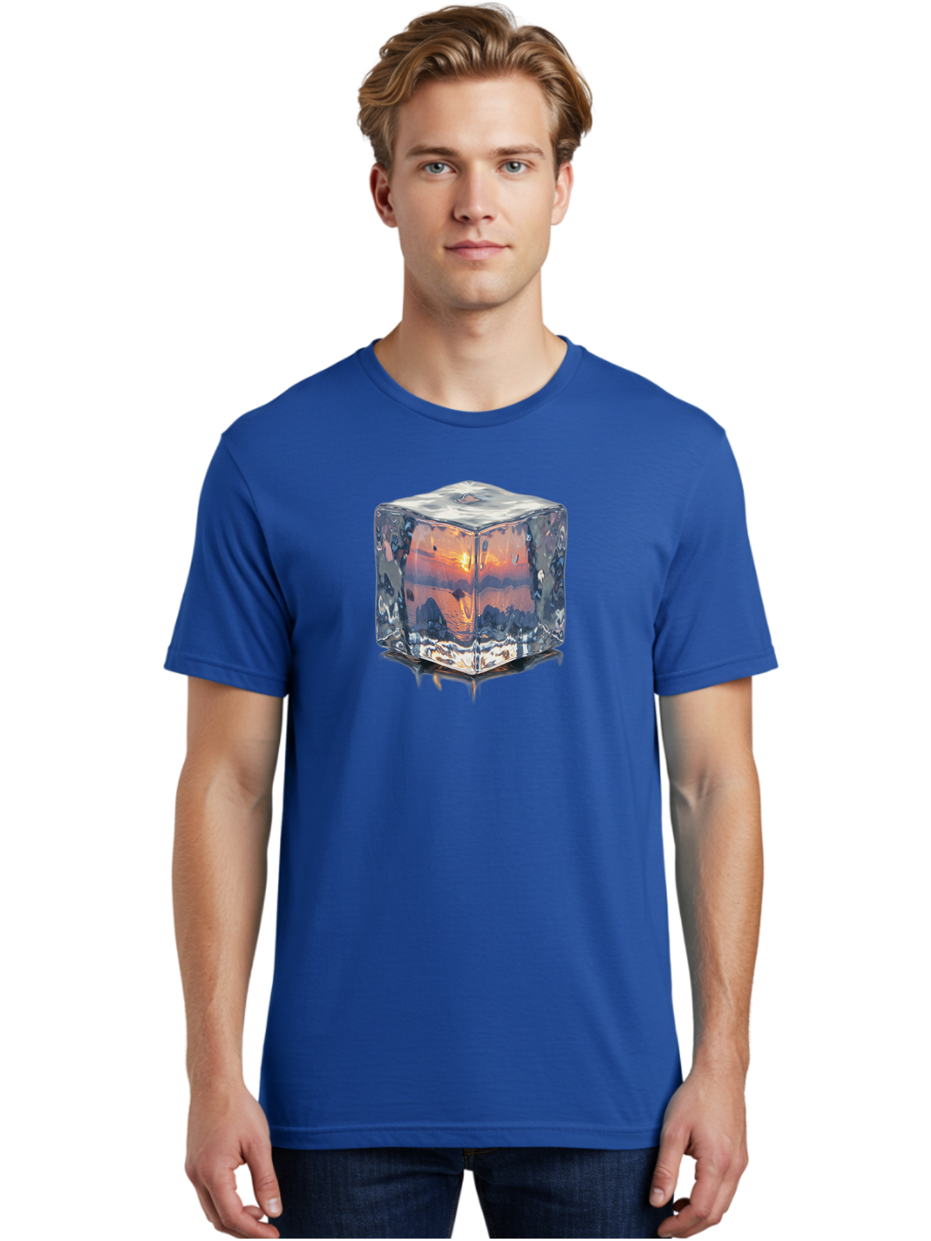Ice-Cube-Sunset Men'S Graphic Tee, 100% Cotton, Comfortable Casual Summer Wear, Machine Washable, Ice Cube, Sunset Reflection, Ocean View, Rocky Landscape, Vibrant Orange, Cool Glass, Dramatic Scenery, Serene Atmosphere, Frozen Moment Bad207 22
