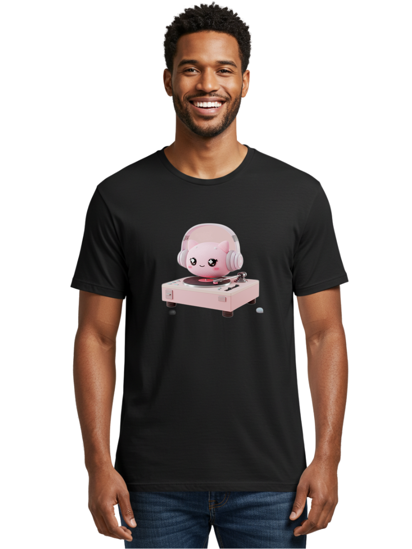Jigglypuff-Listening-Music Men'S Graphic Tee, 100% Cotton, Comfortable Casual Summer Wear, Machine Washable, Jigglypuff Listening To Music, Pink Record Player, Pastel Colors, Cartoon Character, Retro Gaming, Nostalgic Vibes, Cute Illustration, Bad231 24