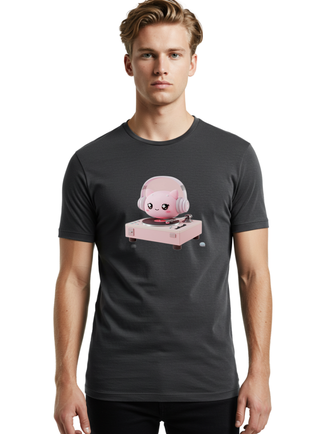 Jigglypuff-Listening-Music Men'S Graphic Tee, 100% Cotton, Comfortable Casual Summer Wear, Machine Washable, Jigglypuff Listening To Music, Pink Record Player, Pastel Colors, Cartoon Character, Retro Gaming, Nostalgic Vibes, Cute Illustration, Bad231 26