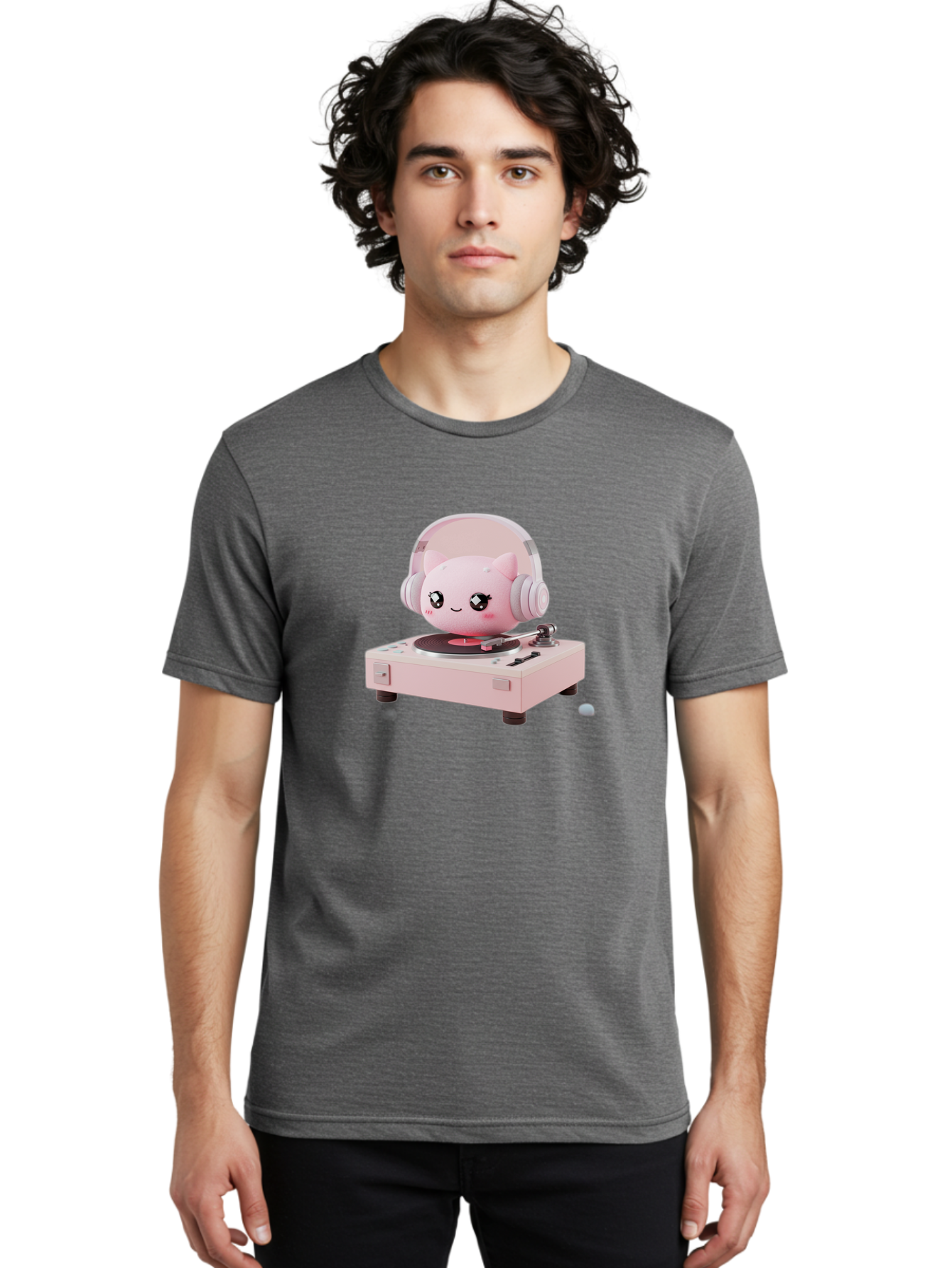 Jigglypuff-Listening-Music Men'S Graphic Tee, 100% Cotton, Comfortable Casual Summer Wear, Machine Washable, Jigglypuff Listening To Music, Pink Record Player, Pastel Colors, Cartoon Character, Retro Gaming, Nostalgic Vibes, Cute Illustration, Bad231 19