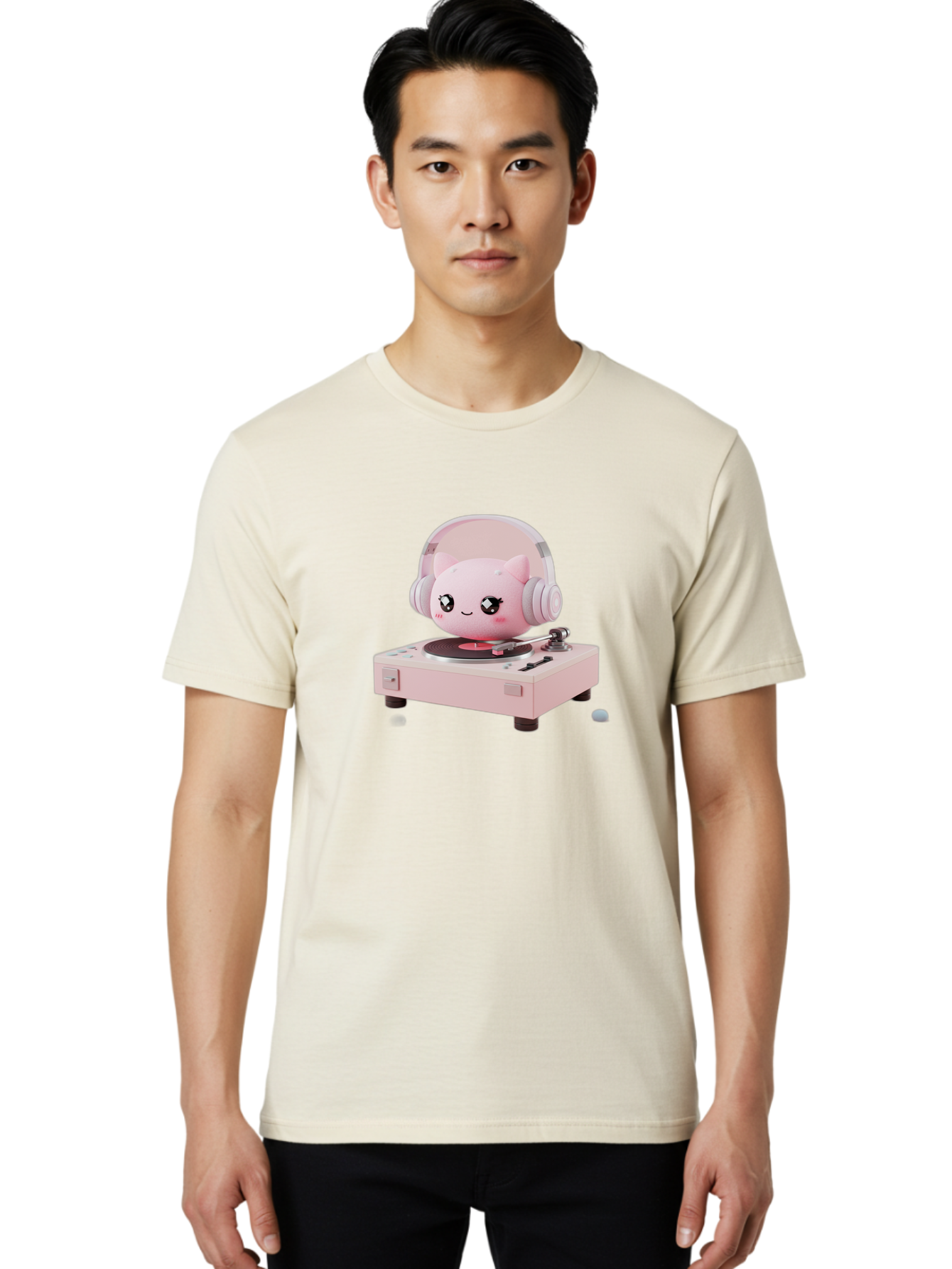 Jigglypuff-Listening-Music Men'S Graphic Tee, 100% Cotton, Comfortable Casual Summer Wear, Machine Washable, Jigglypuff Listening To Music, Pink Record Player, Pastel Colors, Cartoon Character, Retro Gaming, Nostalgic Vibes, Cute Illustration, Bad231 29