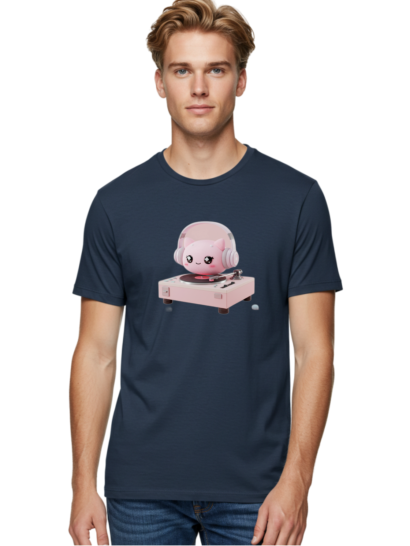 Jigglypuff-Listening-Music Men'S Graphic Tee, 100% Cotton, Comfortable Casual Summer Wear, Machine Washable, Jigglypuff Listening To Music, Pink Record Player, Pastel Colors, Cartoon Character, Retro Gaming, Nostalgic Vibes, Cute Illustration, Bad231 18
